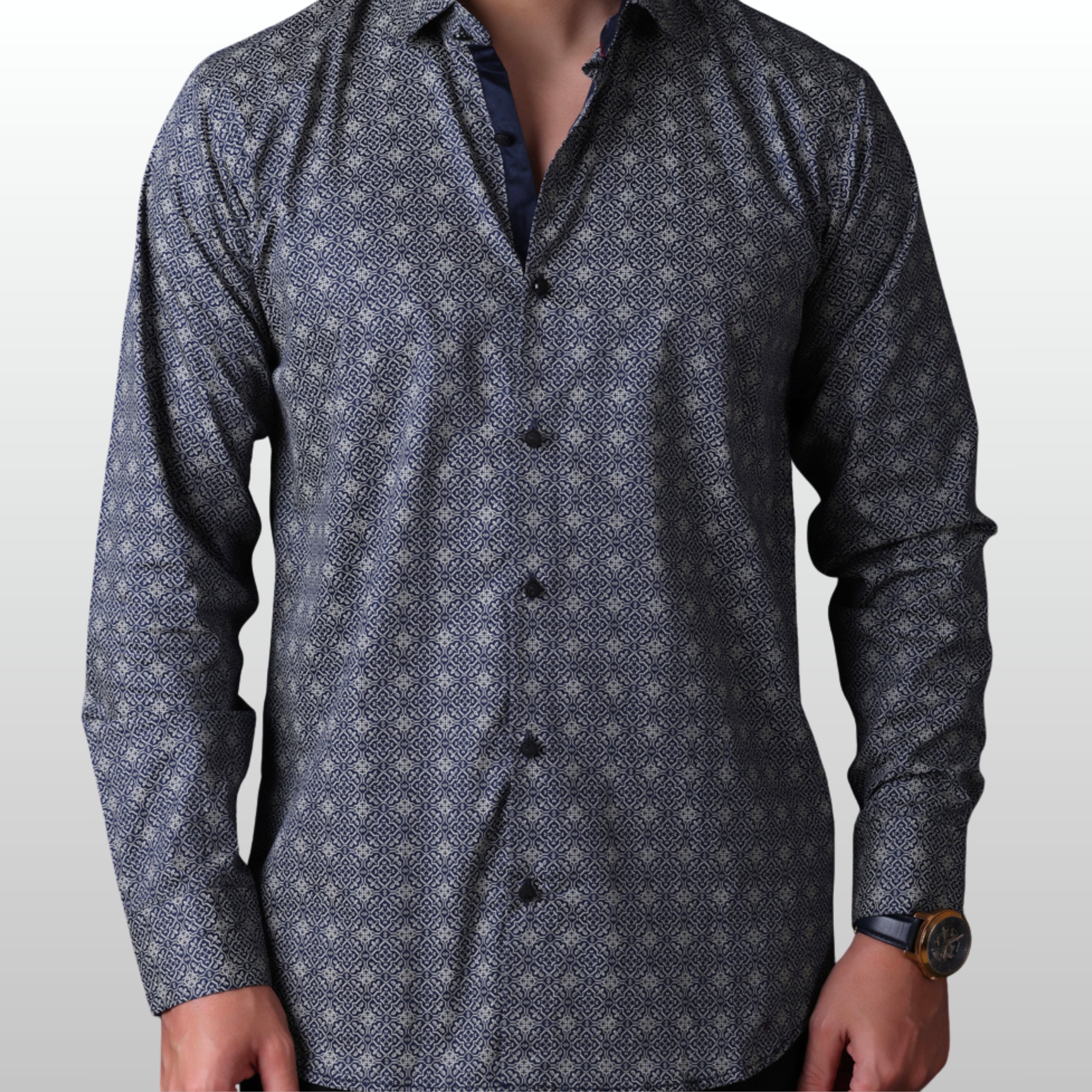PRINTED SHIRTS | FORMAL & CASUAL SHIRTS FOR MEN | FILO HEVIS GEOMETRIC PRINTS SHIRT COLLECTION-Navy