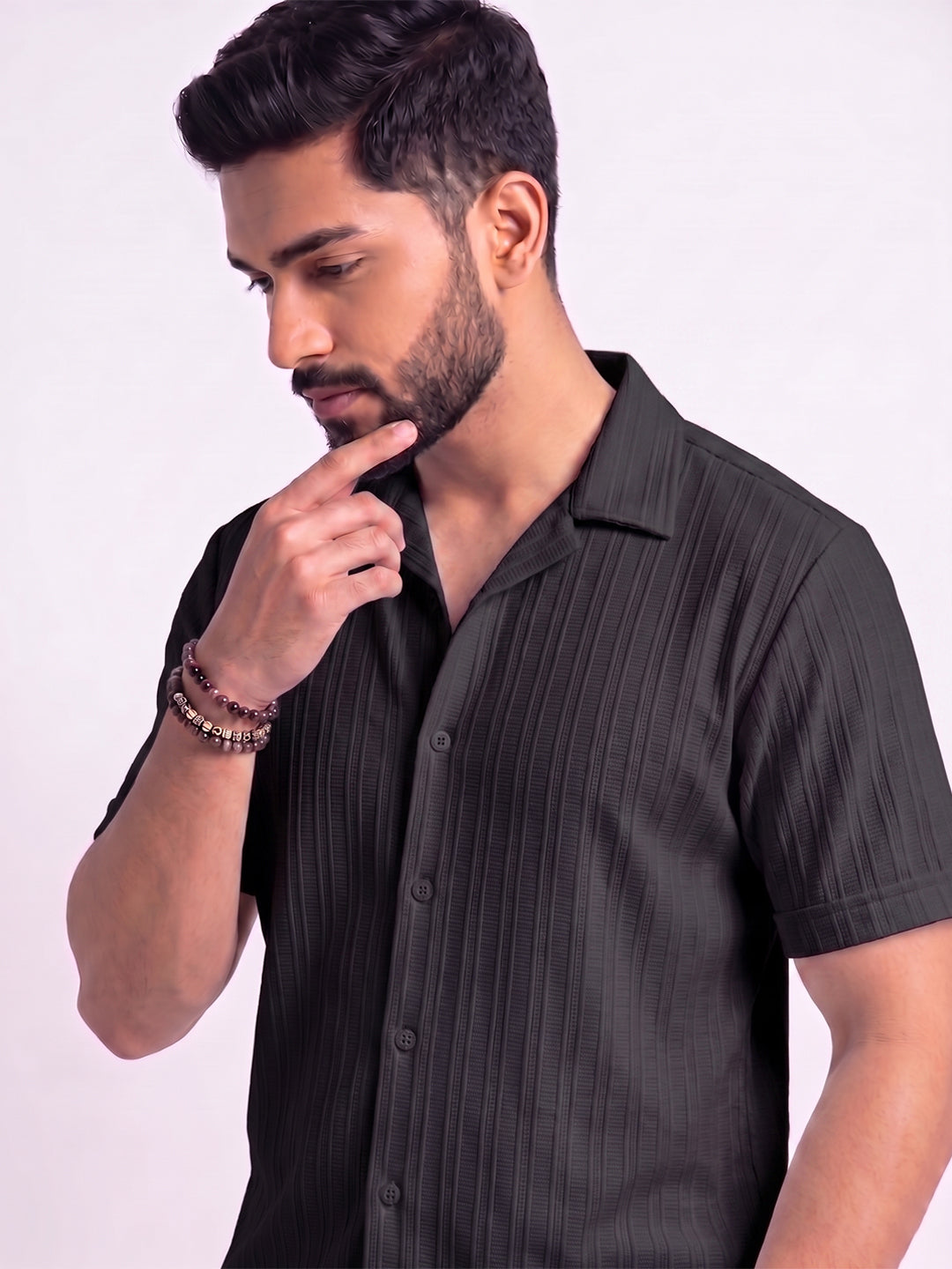 Men’s Black Textured Co-Ord Set – Premium Relaxed Fit Shirt & Trouser Set