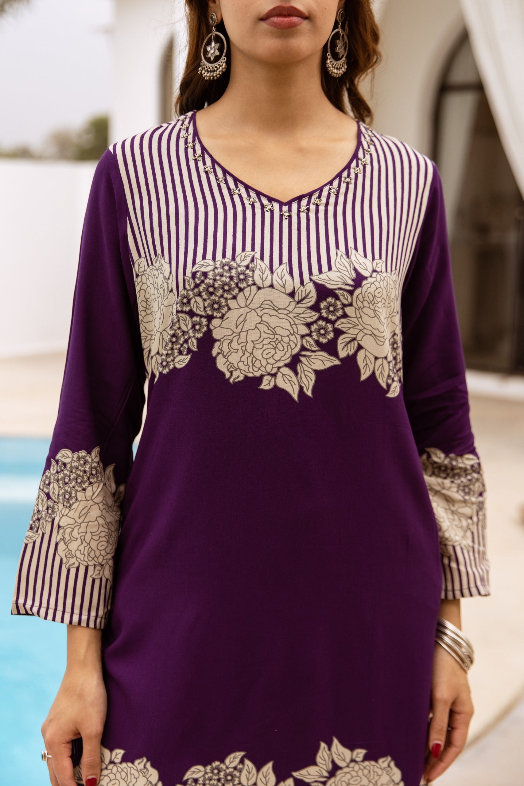 Floral Printed V-Neck Straight Cotton Kurta Set- Purple