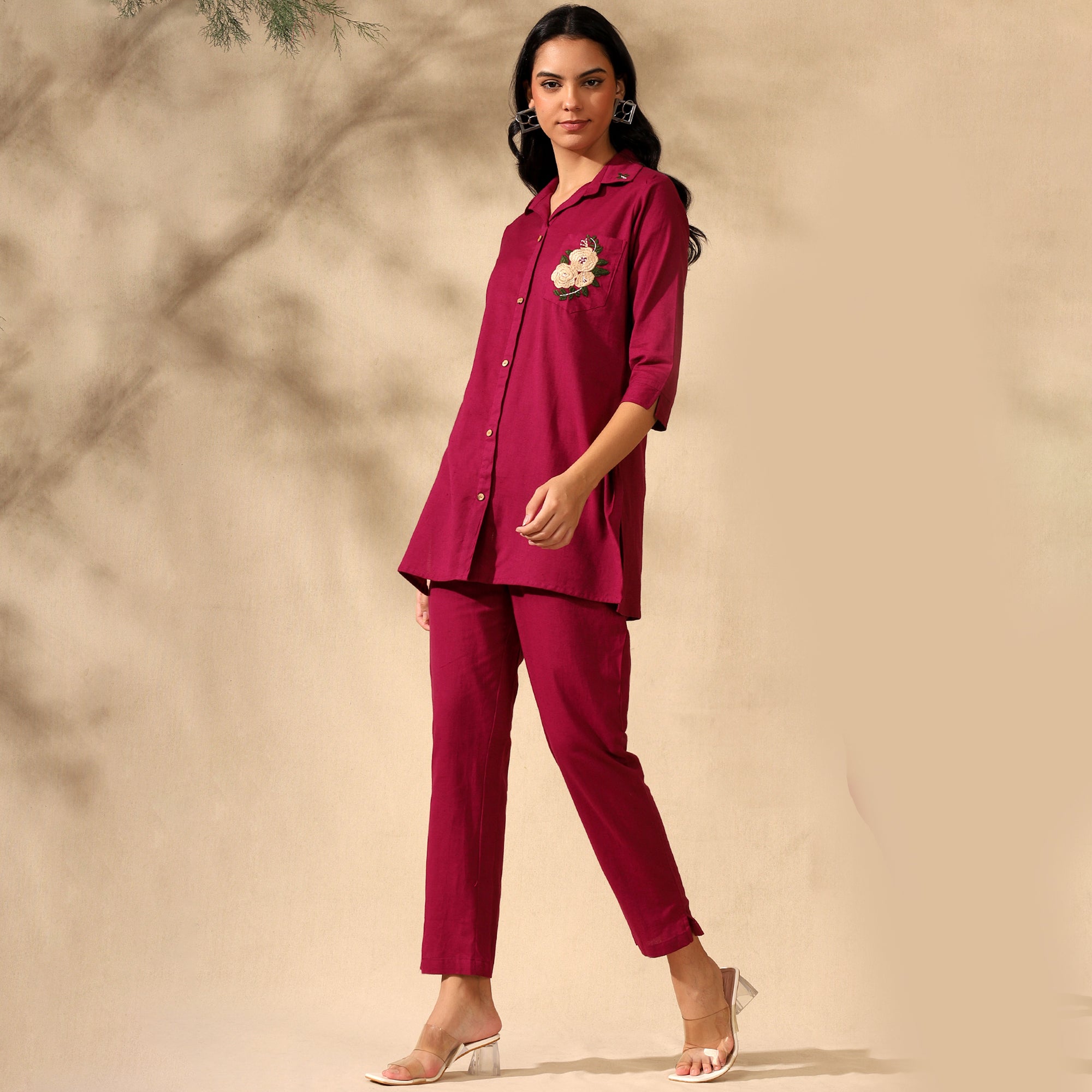 Floral Embroidered Pure Cotton Shirt With Trousers Maroon Co-ord Set