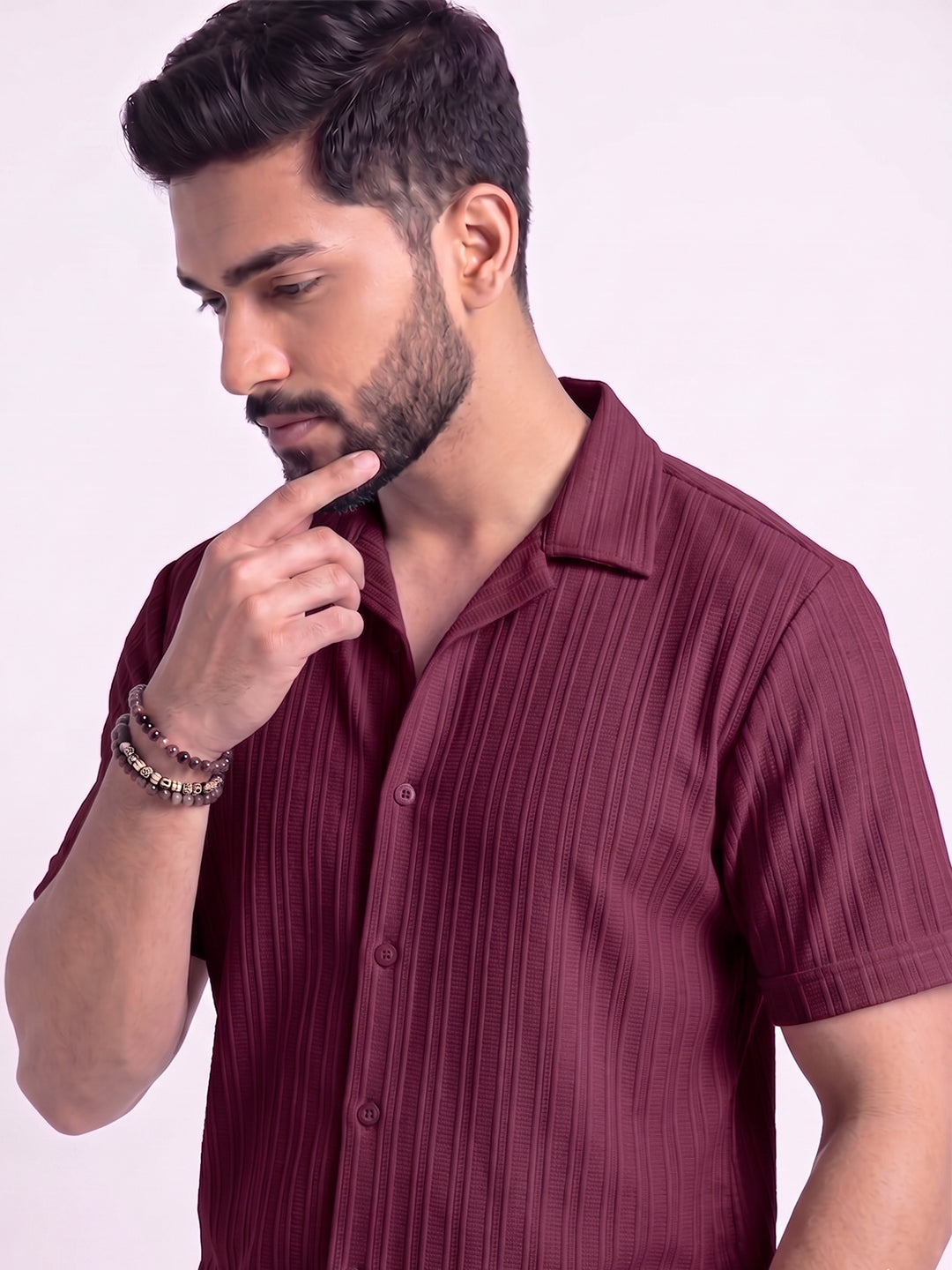 Men’s Dark Maroon Textured Co-Ord Set – Premium Relaxed Fit Shirt & Trouser Set