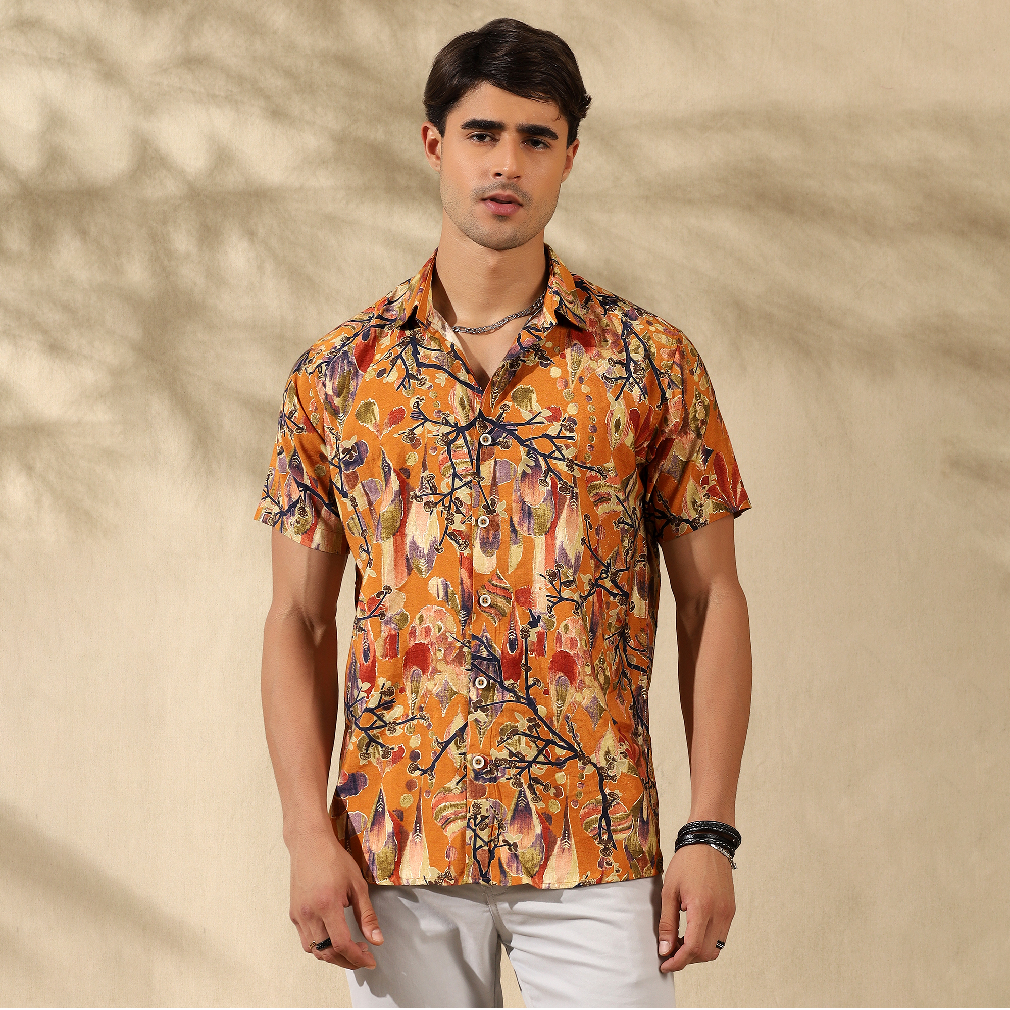 MUSTARD YELLOW HALF CASUAL PRINTED COTTON SHIRT REGULAR FIT FOR MEN
