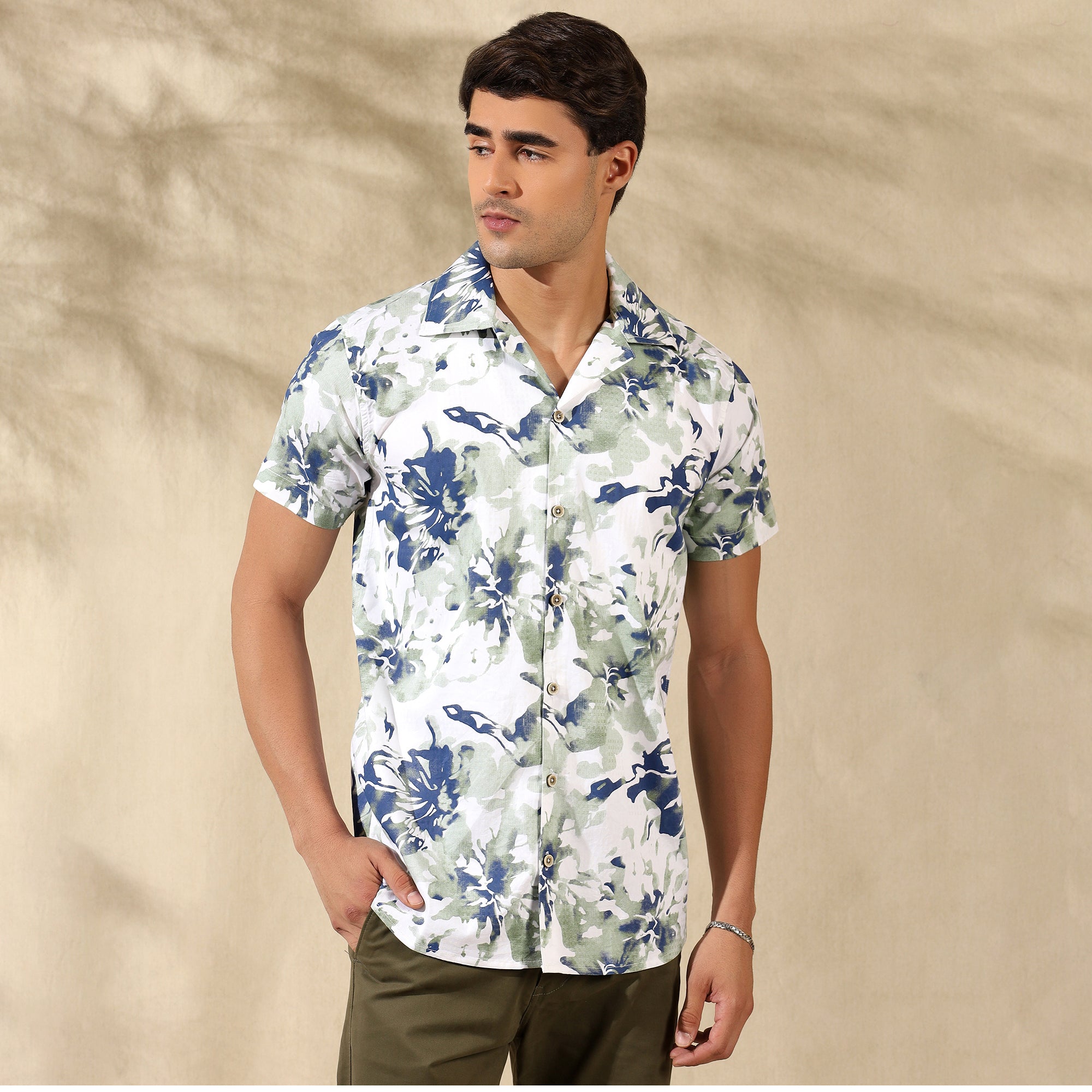 LIGHT GREEN HALF CASUAL PRINTED COTTON SHIRT REGULAR FIT FOR MEN