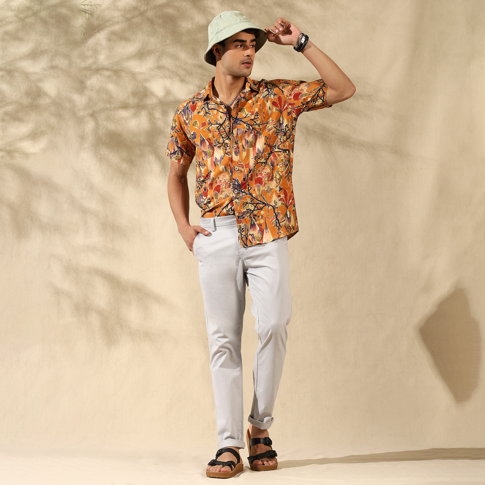 MUSTARD YELLOW HALF CASUAL PRINTED COTTON SHIRT REGULAR FIT FOR MEN