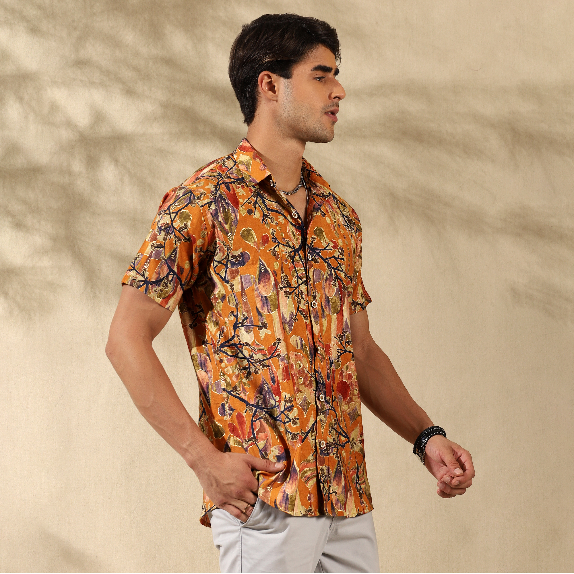 MUSTARD YELLOW HALF CASUAL PRINTED COTTON SHIRT REGULAR FIT FOR MEN