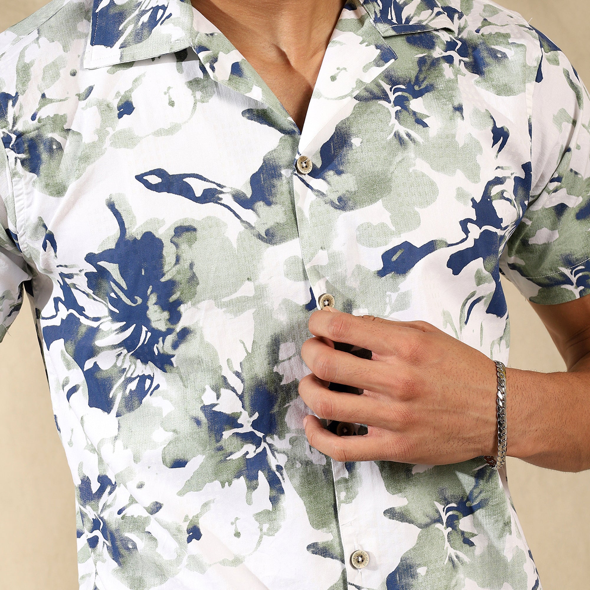 LIGHT GREEN HALF CASUAL PRINTED COTTON SHIRT REGULAR FIT FOR MEN