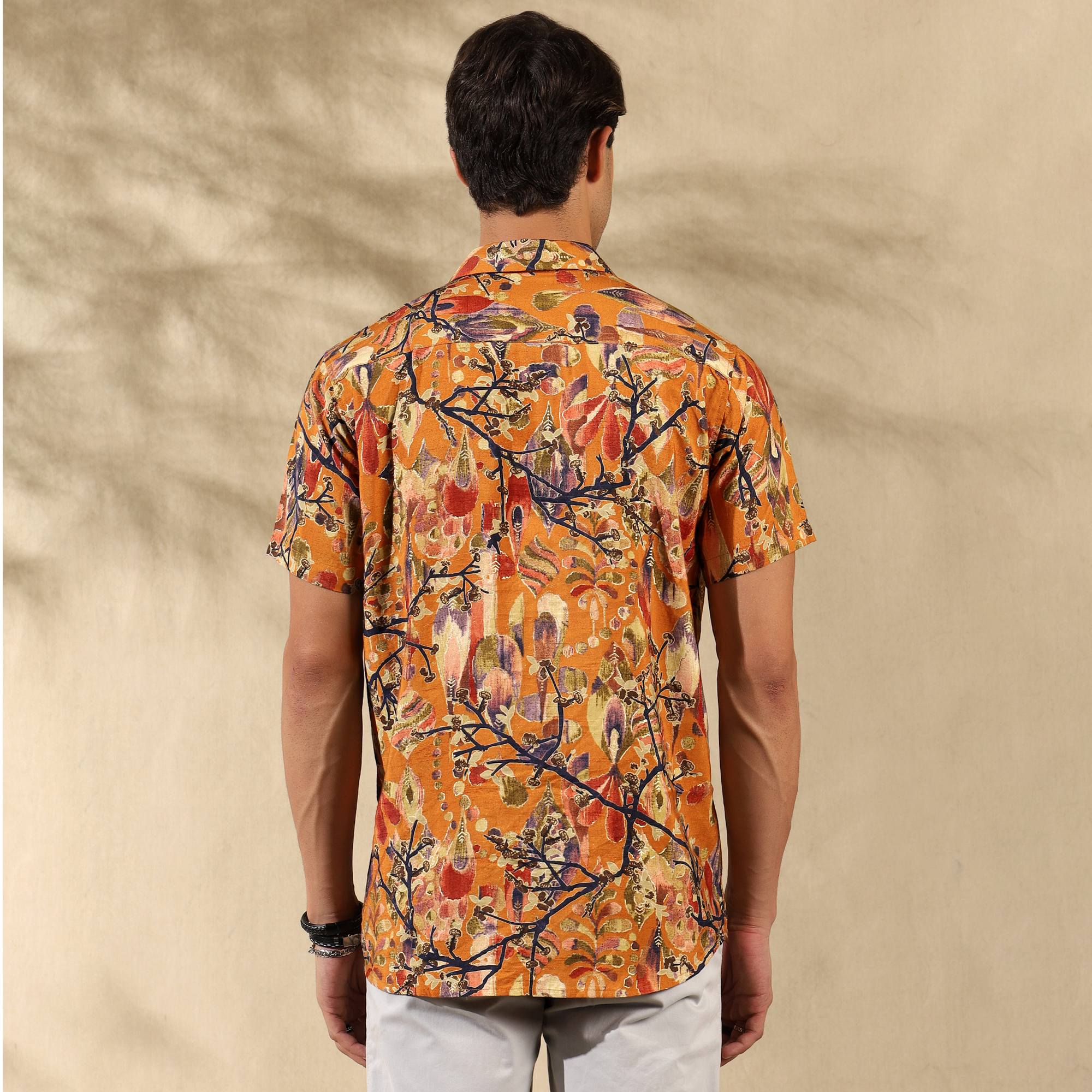 MUSTARD YELLOW HALF CASUAL PRINTED COTTON SHIRT REGULAR FIT FOR MEN