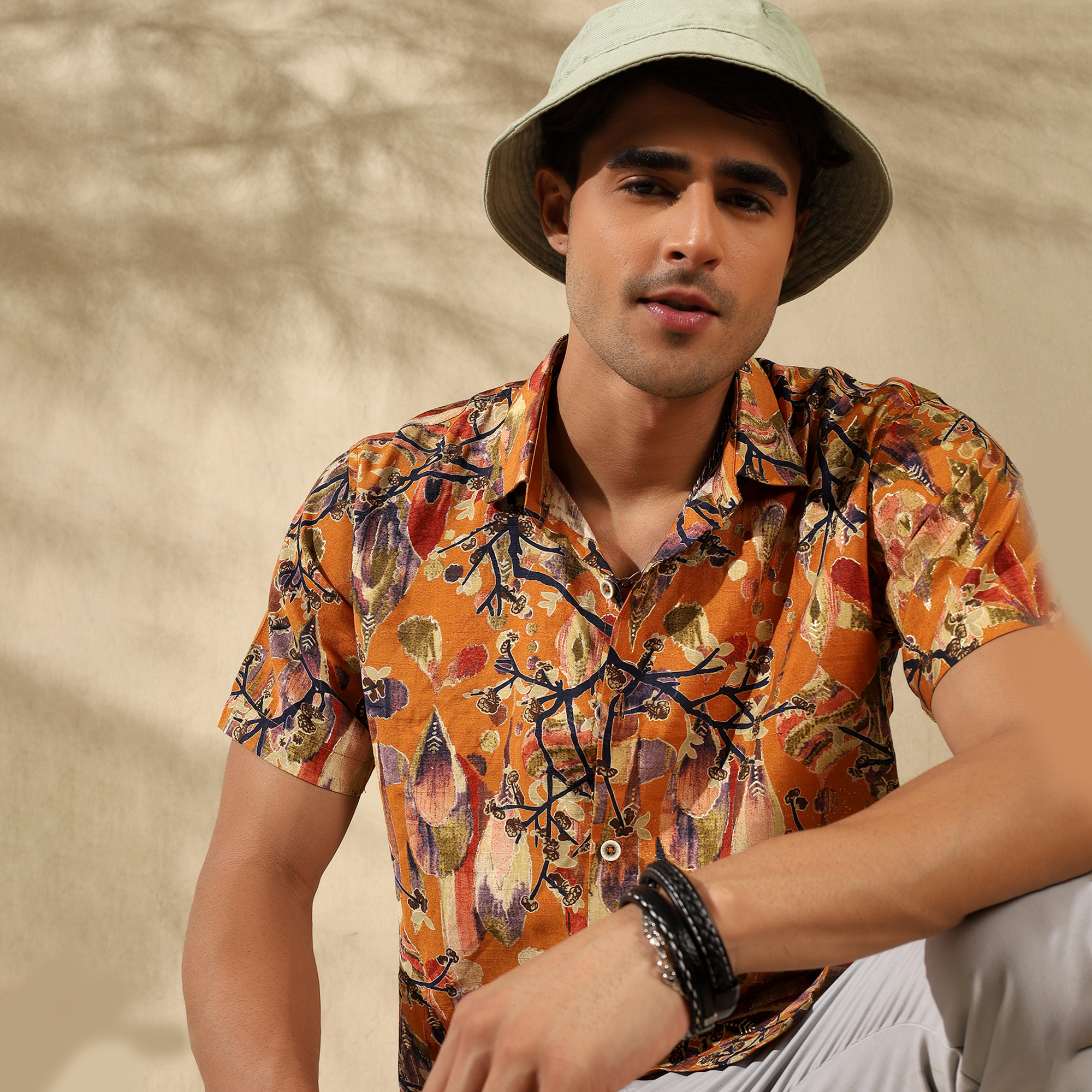 MUSTARD YELLOW HALF CASUAL PRINTED COTTON SHIRT REGULAR FIT FOR MEN