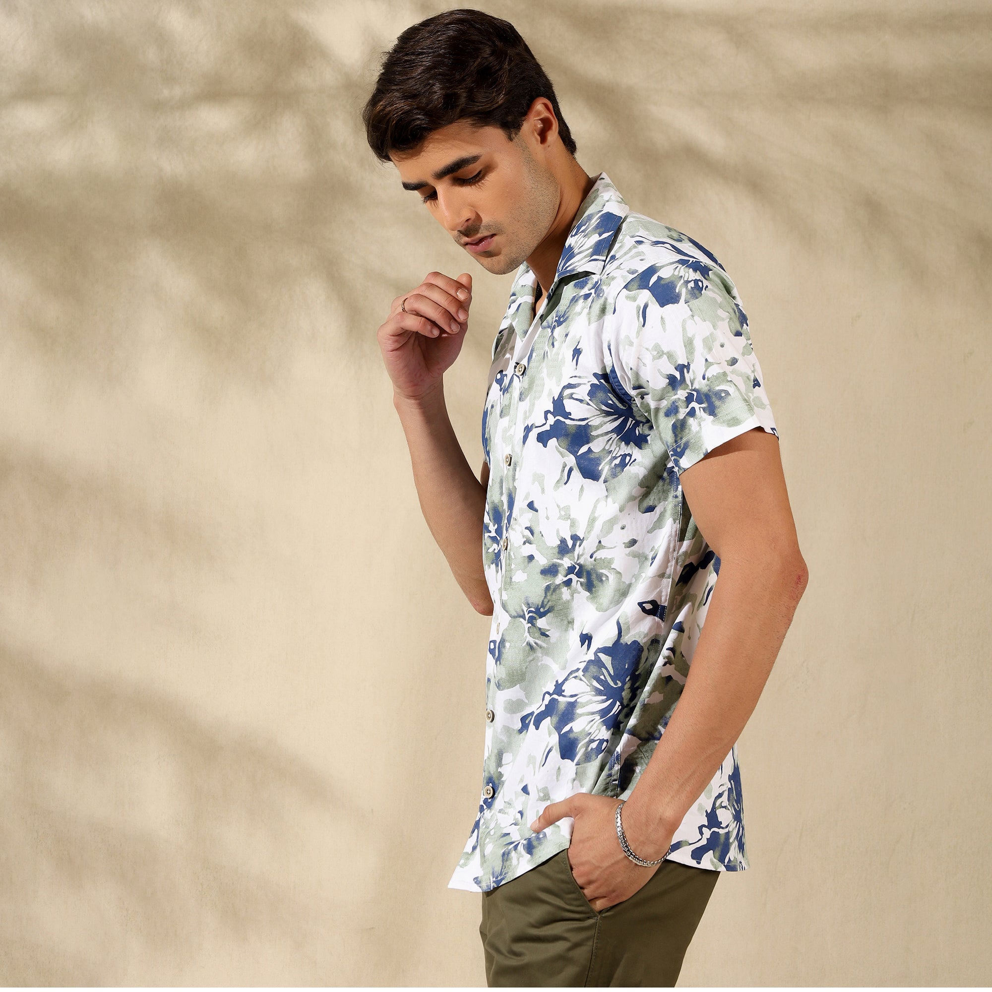 LIGHT GREEN HALF CASUAL PRINTED COTTON SHIRT REGULAR FIT FOR MEN