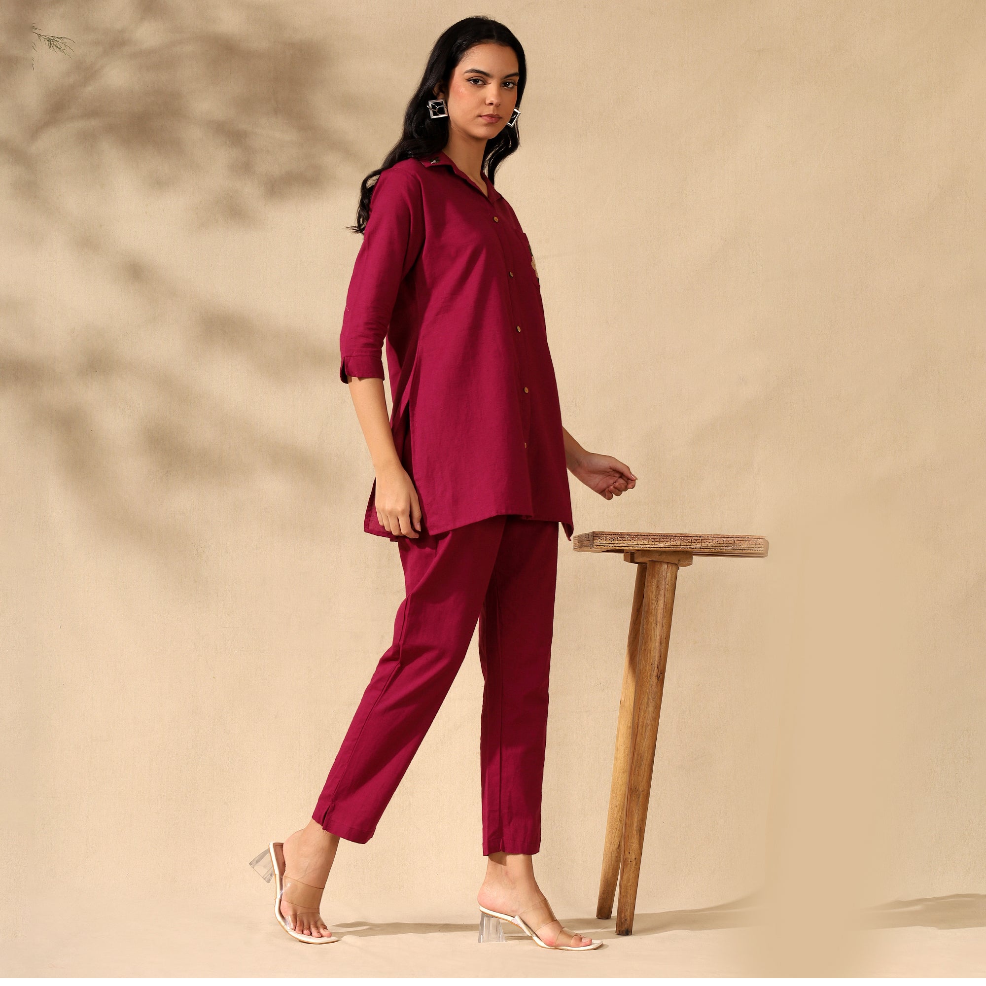 Floral Embroidered Pure Cotton Shirt With Trousers Maroon Co-ord Set