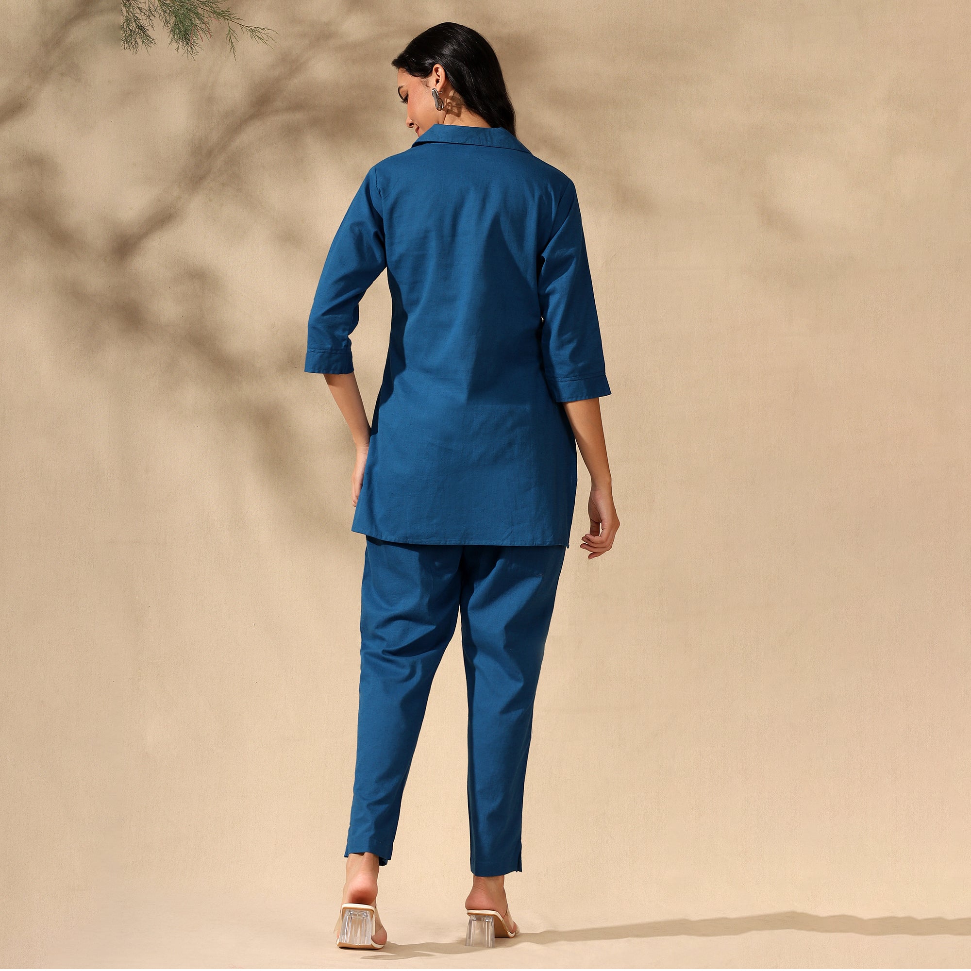 Floral Embroidered Pure Cotton Shirt With Trousers Blue Co-ord Set