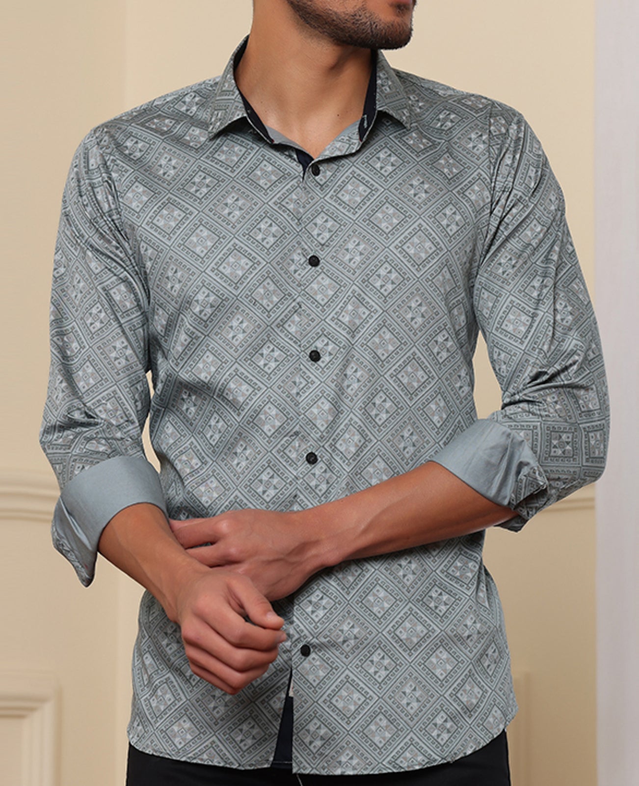 Geometrical Print Casual Shirt Green Color