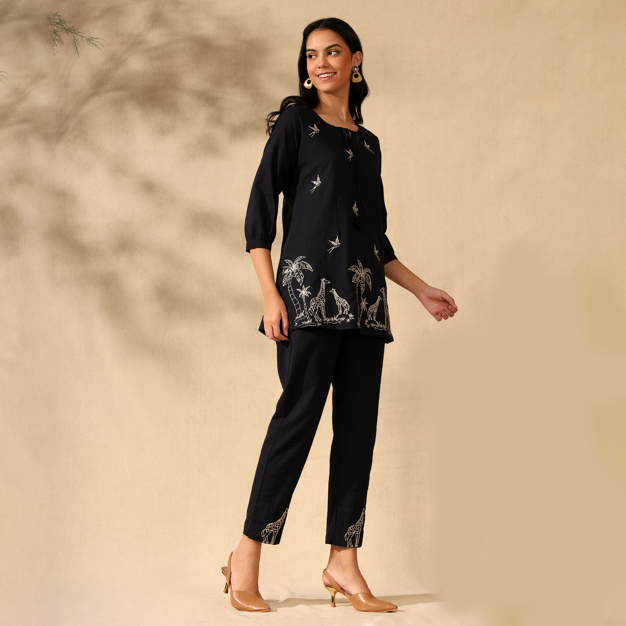 Embroidered Pure Cotton Tunic With Trousers Black Co-ord Set