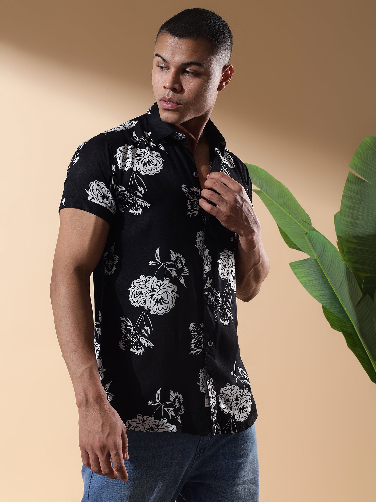 Black Half Casual Printed Cotton Shirt Regular Fit For Man