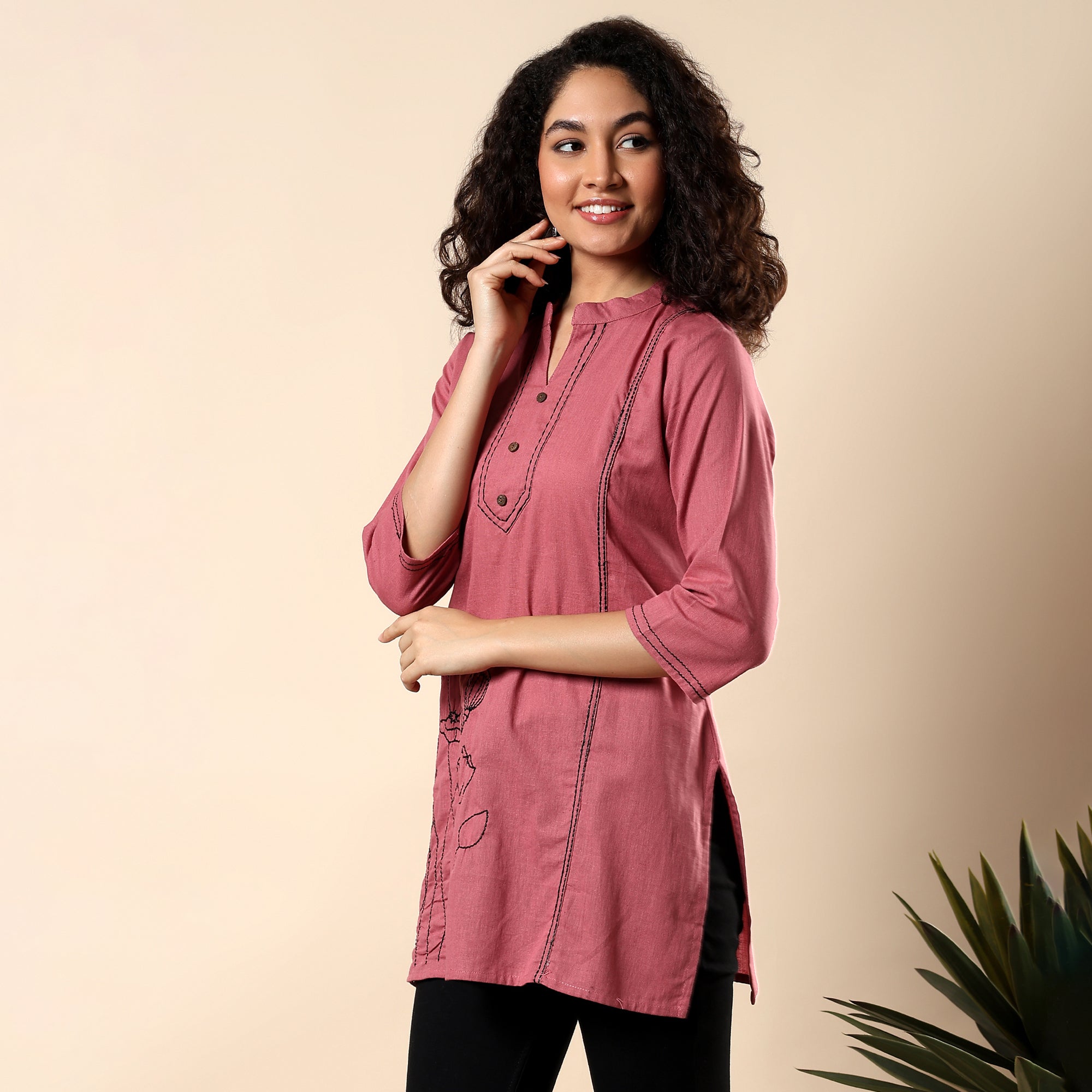 Floral Embroidered Pure Cotton Pink Short Kurti/Tunic
