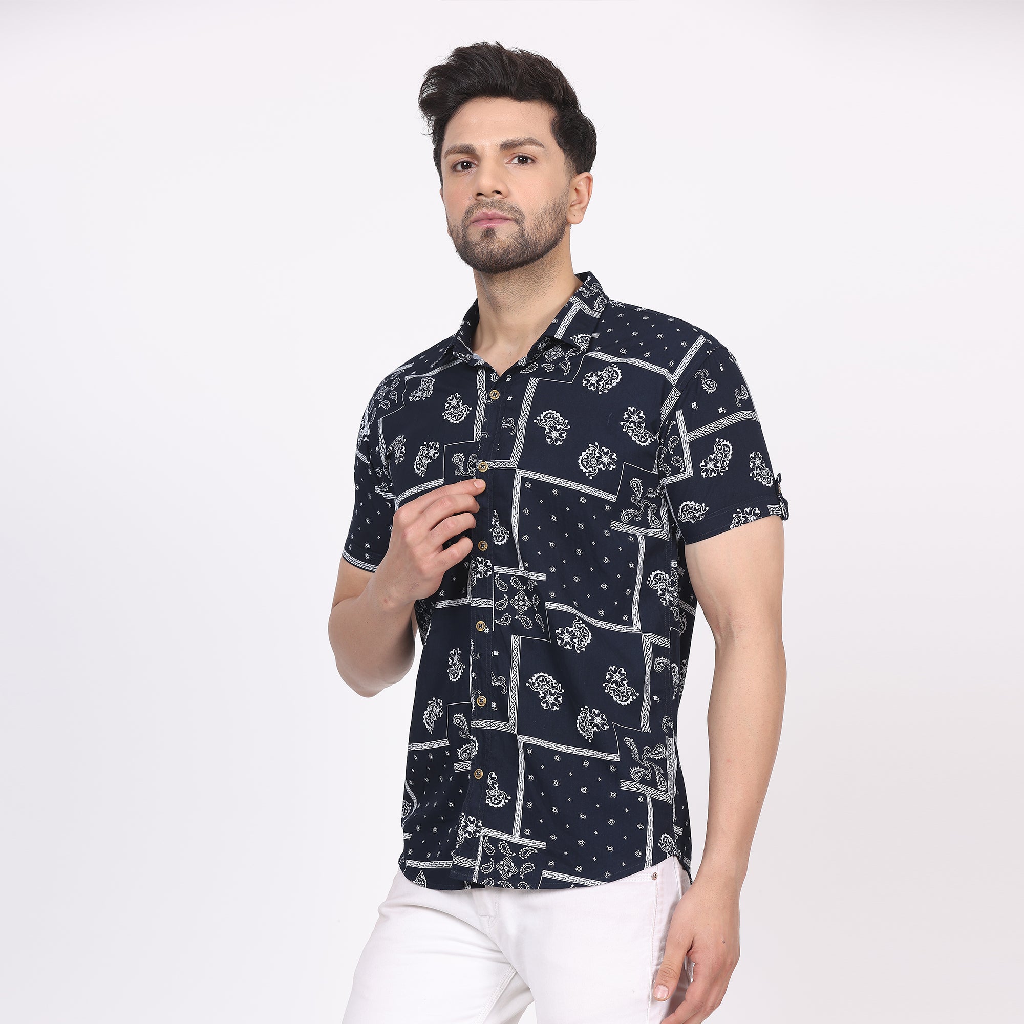 Men's Regular Fit Half Sleeve Printed Shirt-Navy Blue