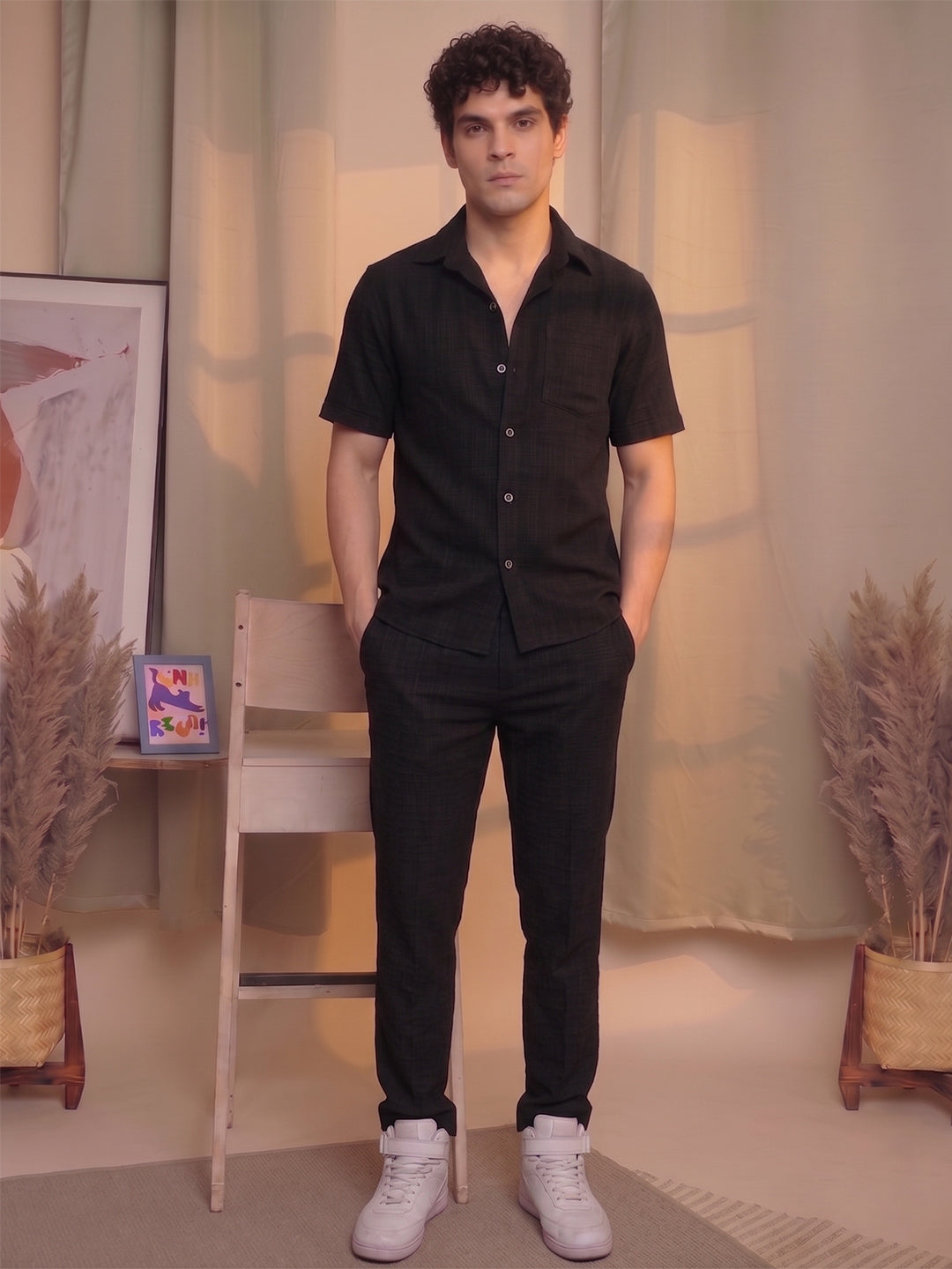 Men’s Premium Cotton Co-Ord Set | Resort Collar Shirt & Trouser Set | Black