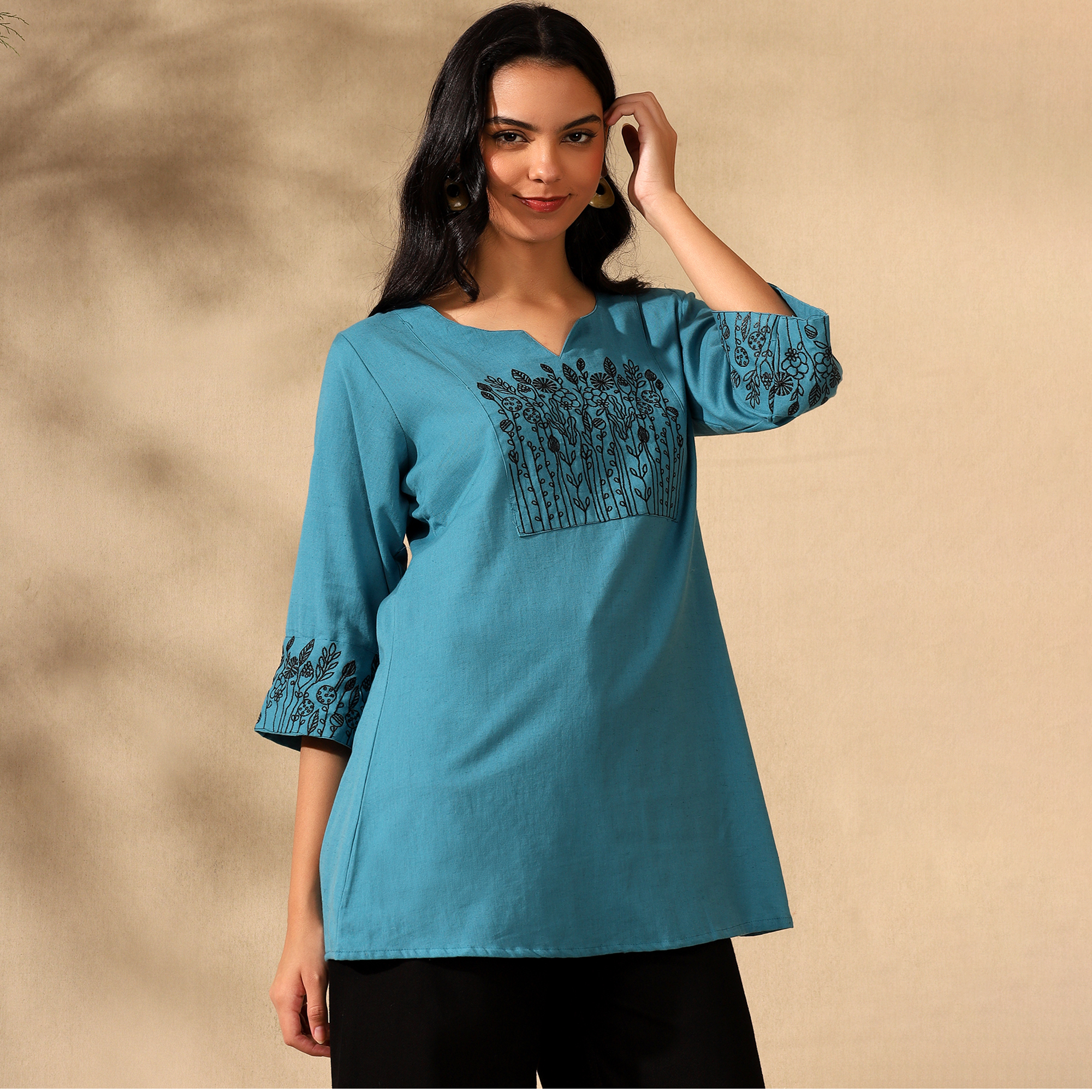 Botanical Embroidered Pure Cotton Blue Short Kurti/Tunic