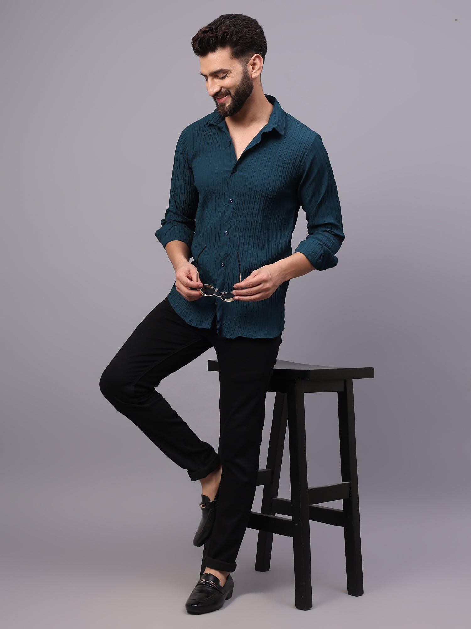 Crushed Self Stripe Dark Blue Shirt