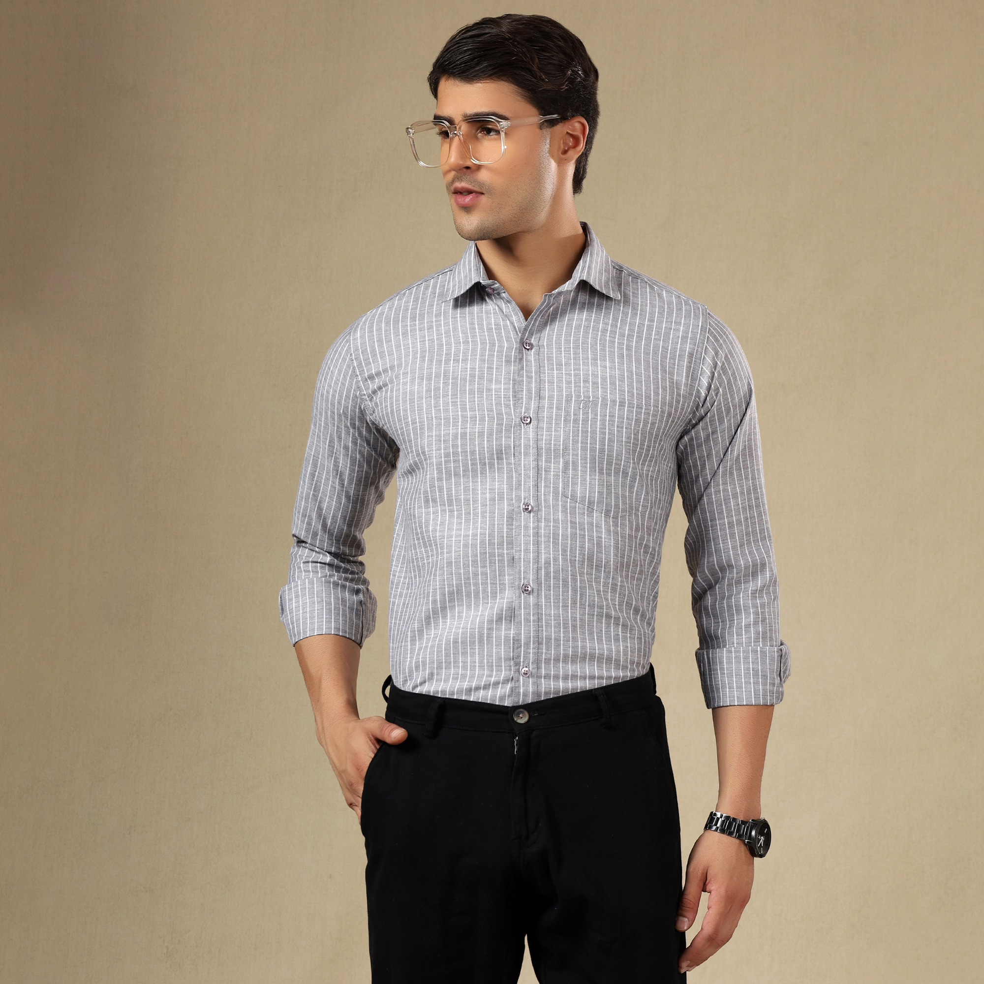 Men's Striped Linen Regular Fit Single Pocket Shirt- GREY