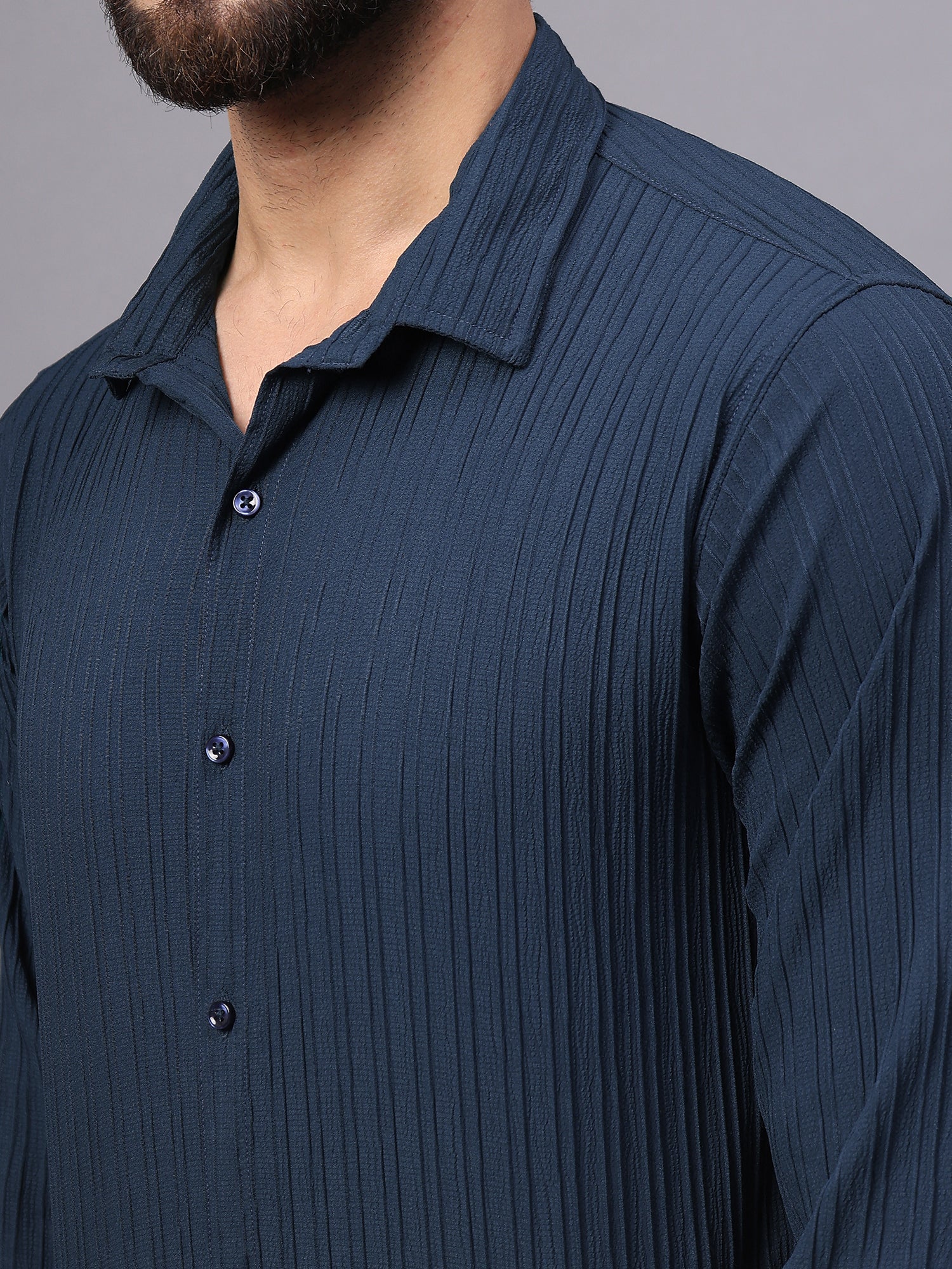 Crushed Self Stripe Navy Blue Shirt