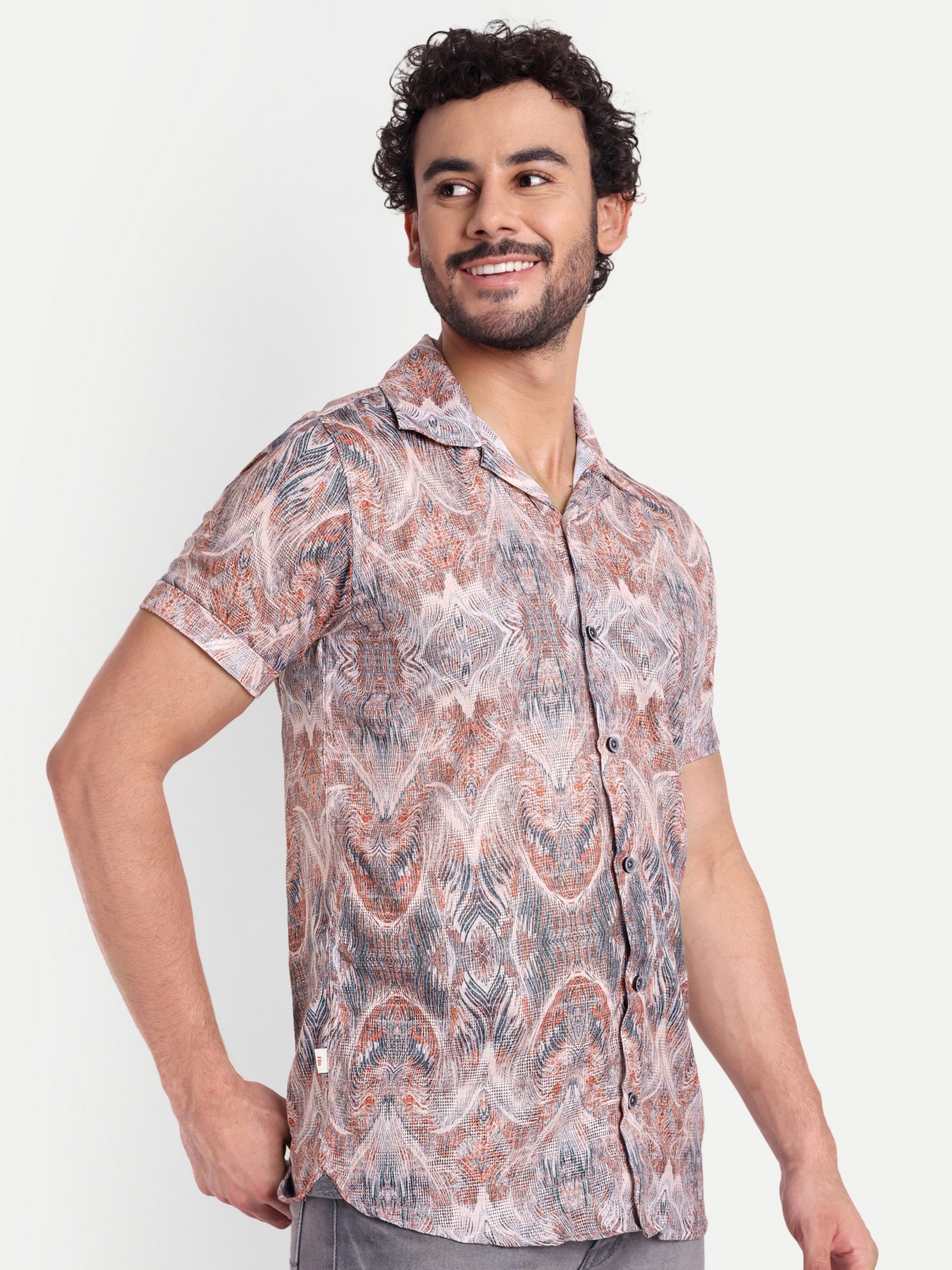 Blue Orange Printed Textured Half Shirt