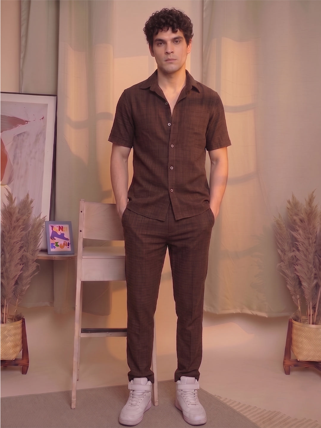 Men’s Premium Cotton Co-Ord Set | Resort Collar Shirt & Trouser Set | Brown