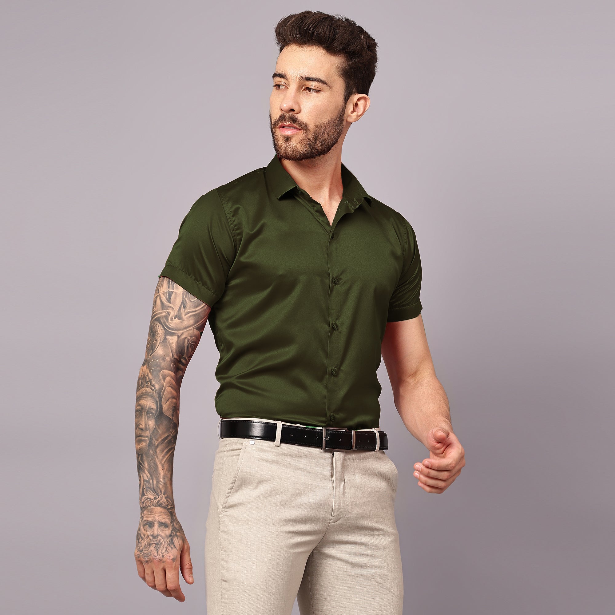 Satin Half Formal Shirt Olive Green Color