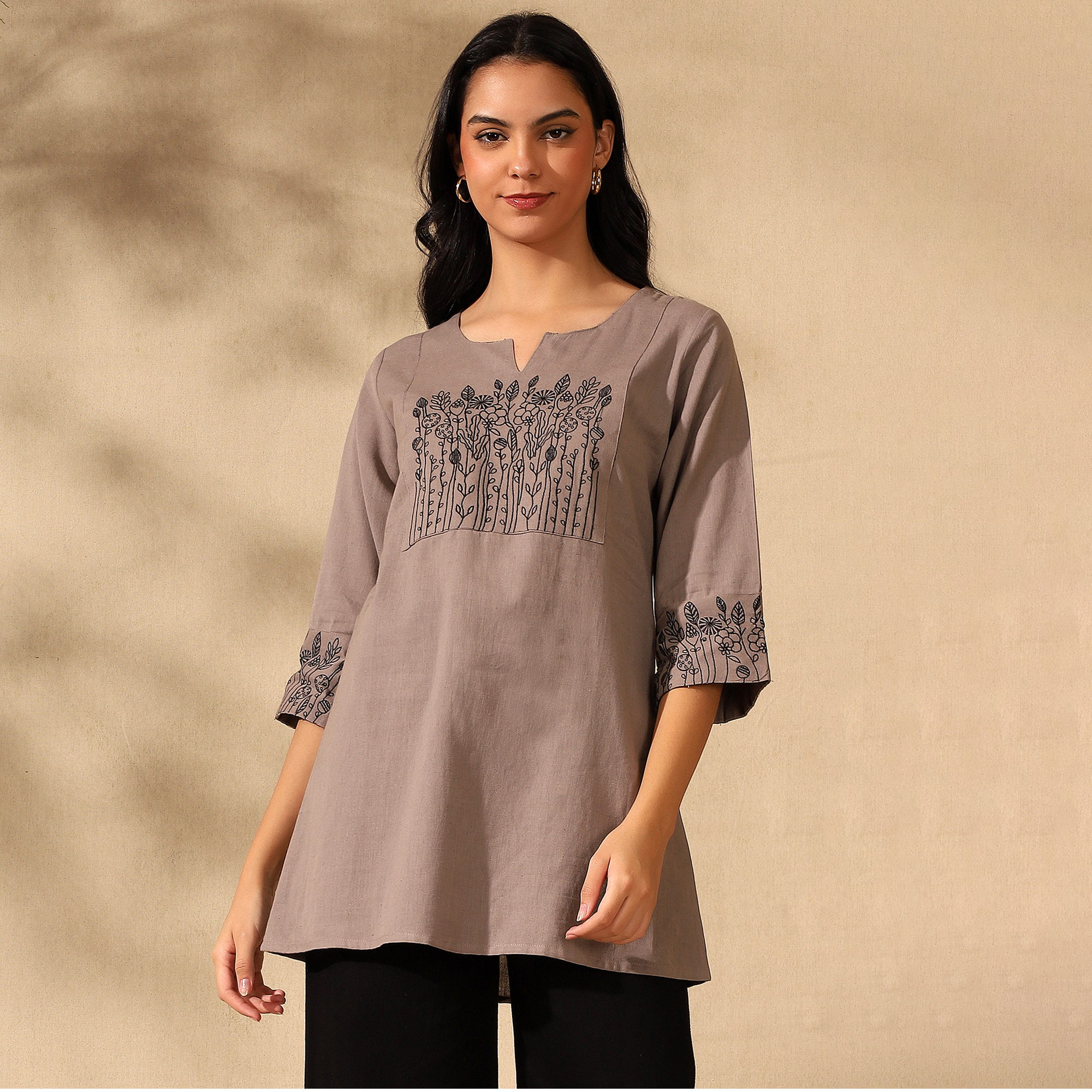Botanical Embroidered Pure Cotton Brown Short Kurti/Tunic