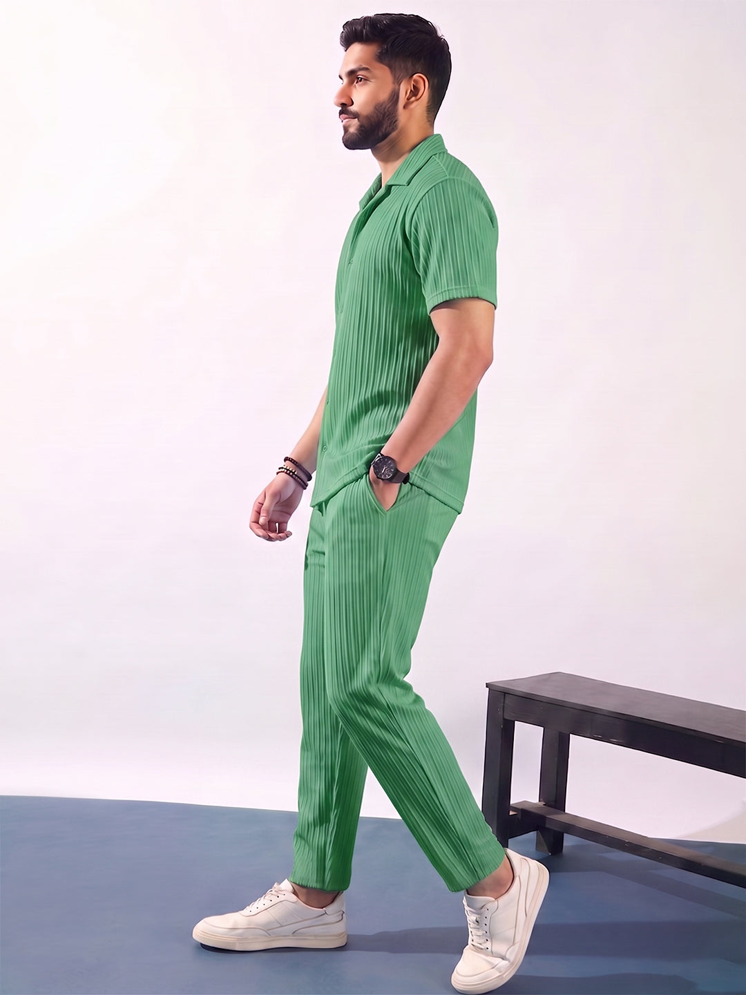 Men’s Mint Green Textured Co-Ord Set – Premium Relaxed Fit Shirt & Trouser Set