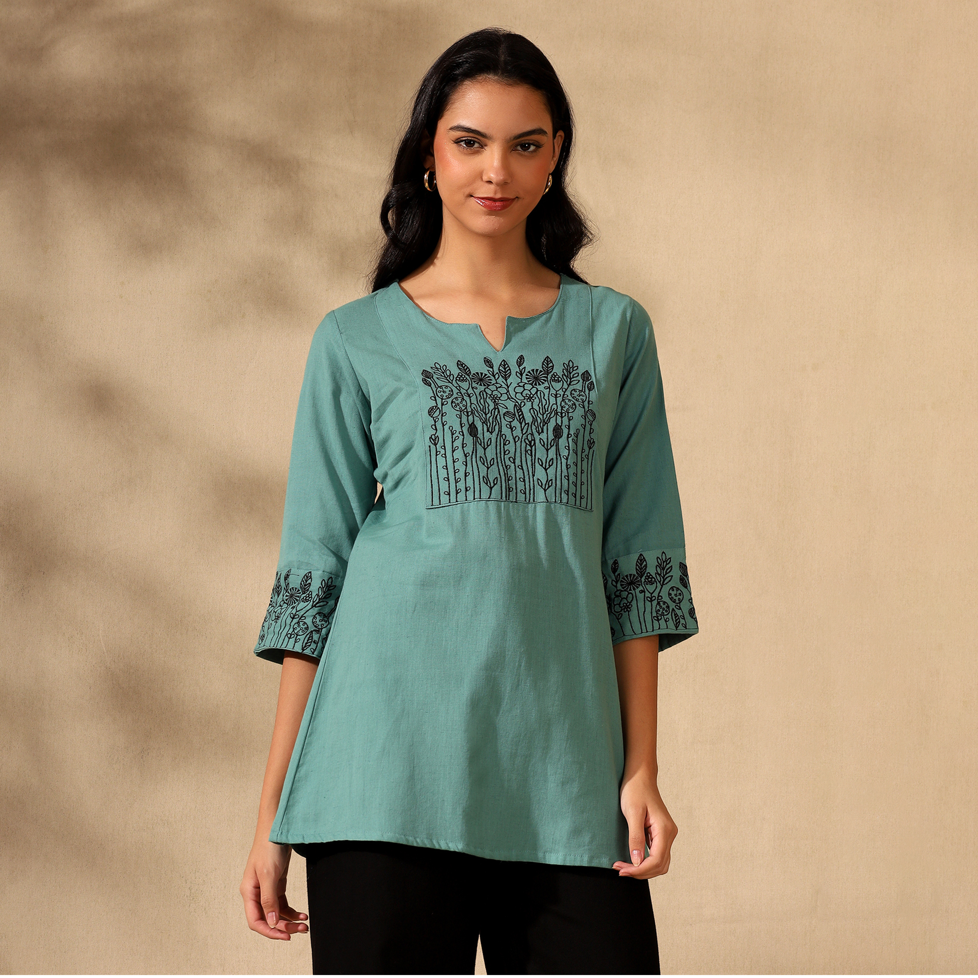 Botanical Embroidered Pure Cotton Green Short Kurti/Tunic
