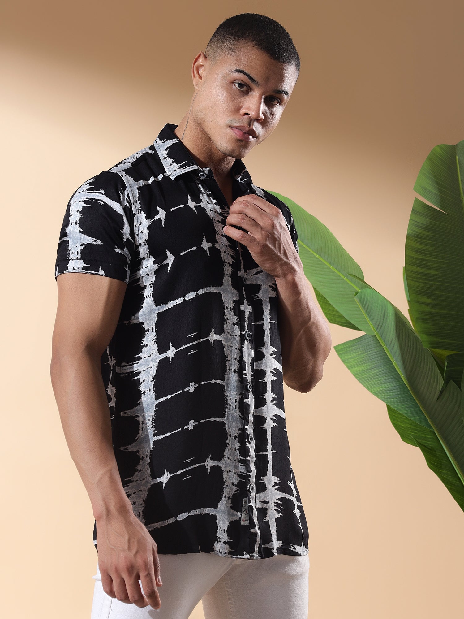 Half Casual Printed Cotton Shirt Regular Fit For Man-Black