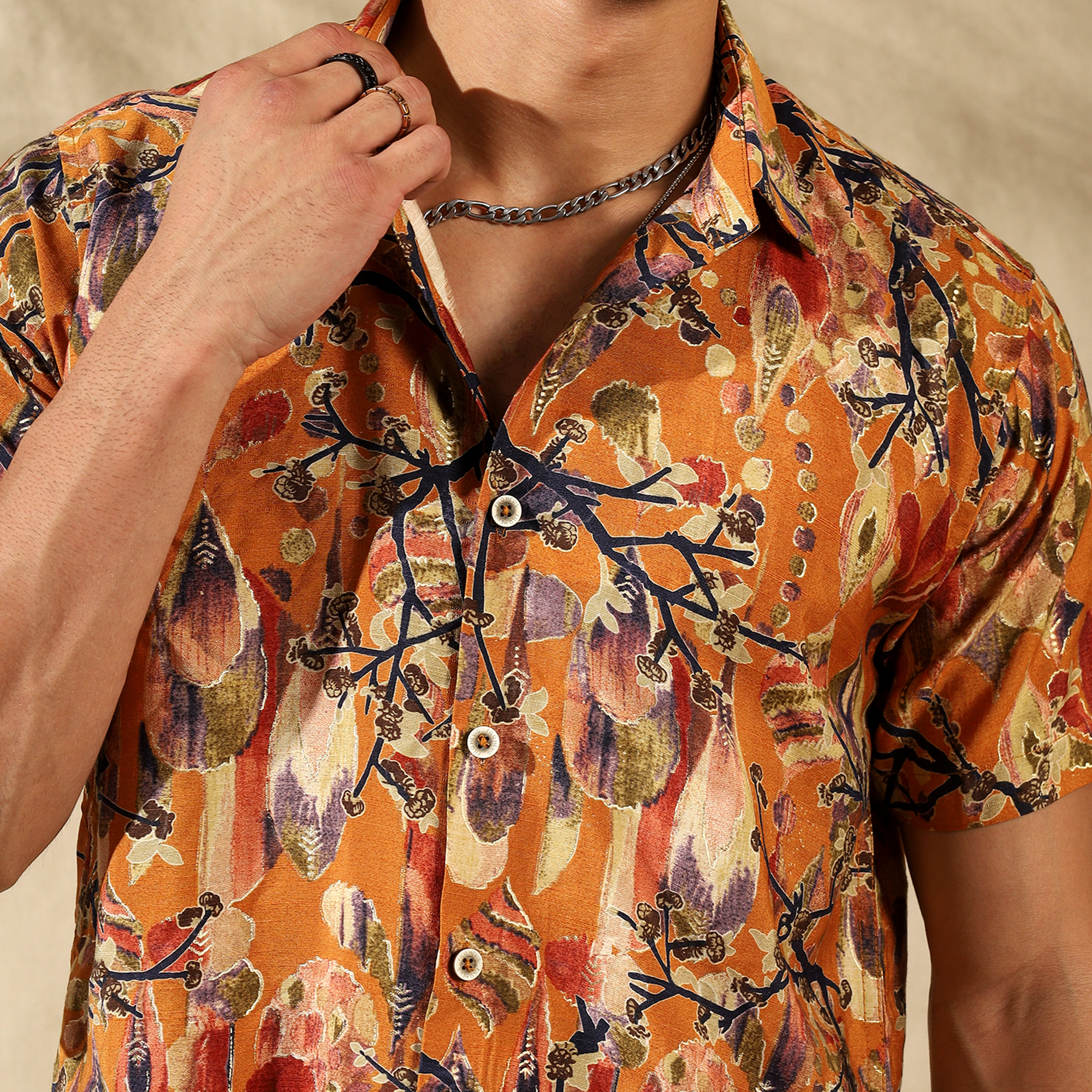 MUSTARD YELLOW HALF CASUAL PRINTED COTTON SHIRT REGULAR FIT FOR MEN