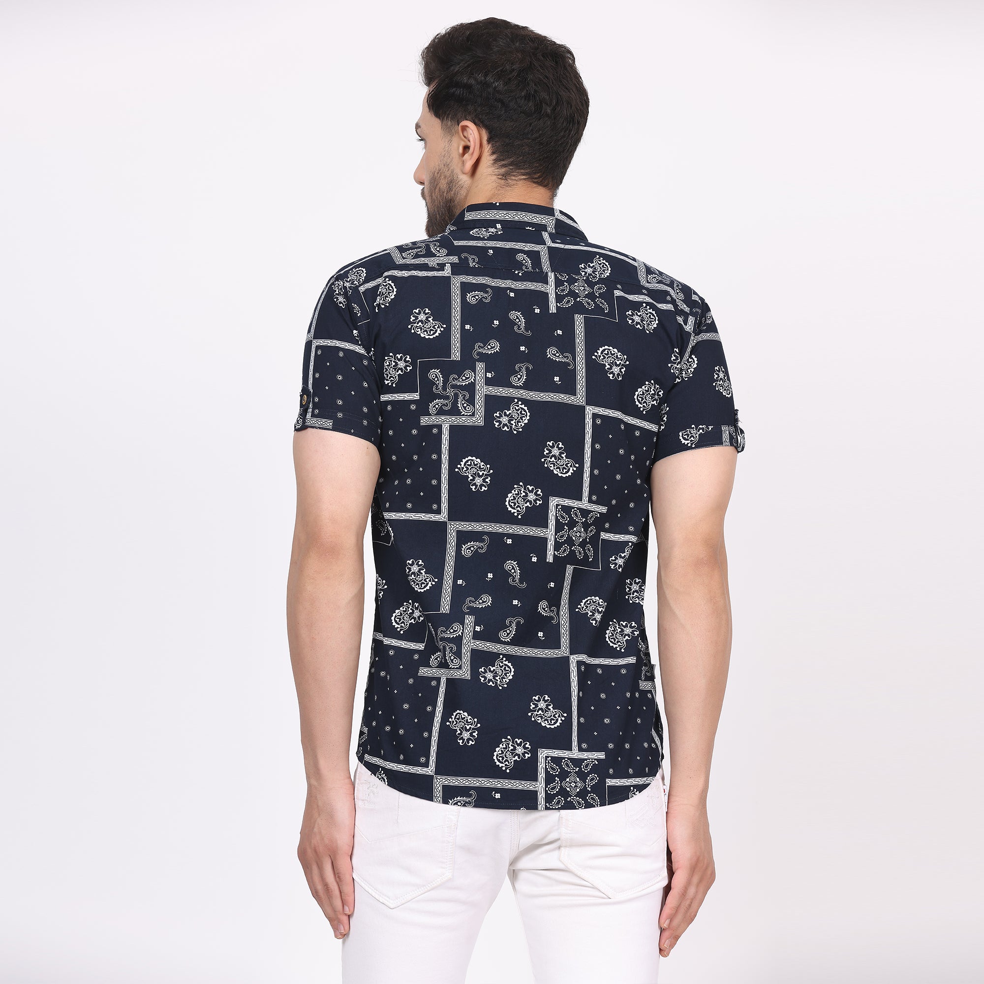 Men's Regular Fit Half Sleeve Printed Shirt-Navy Blue