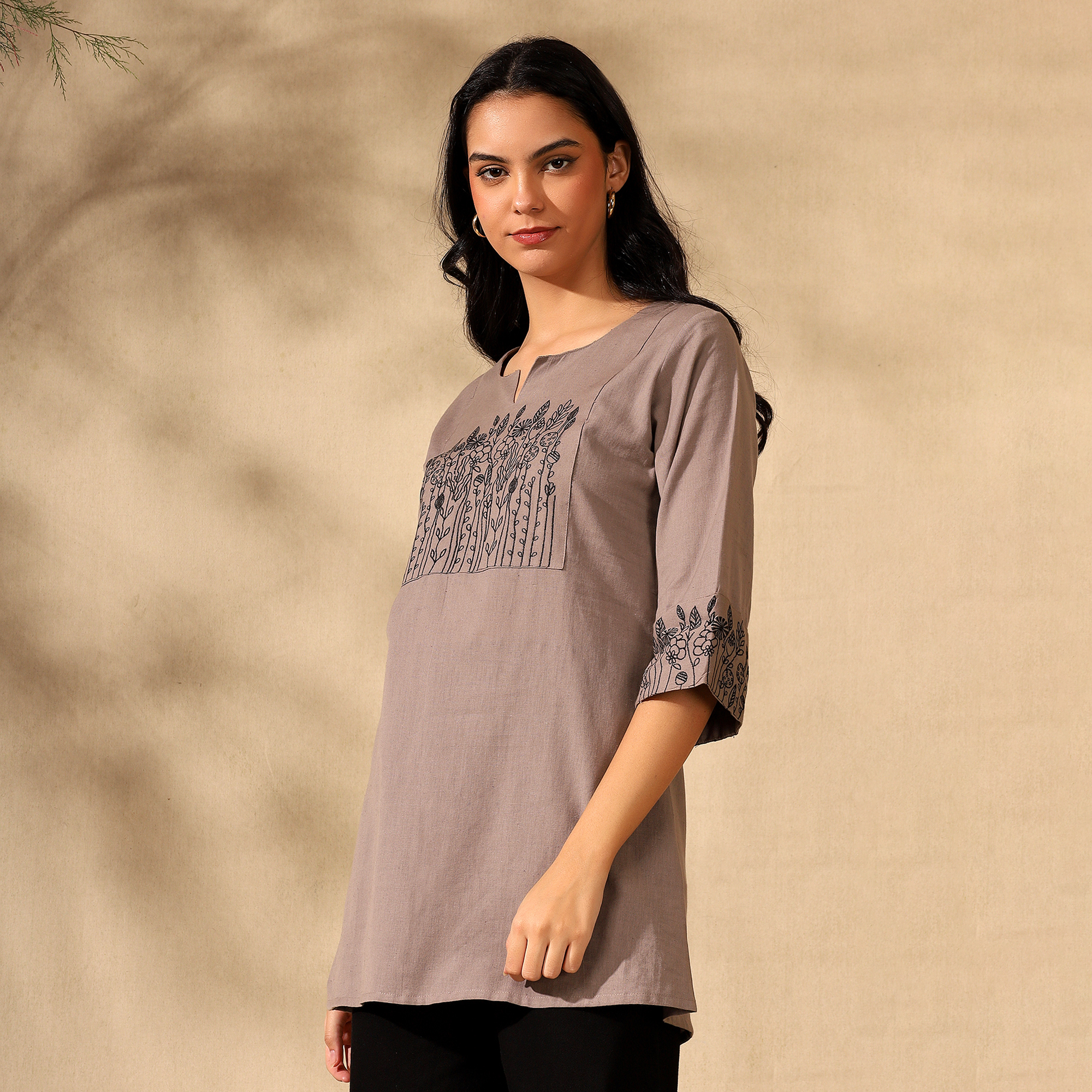 Botanical Embroidered Pure Cotton Brown Short Kurti/Tunic