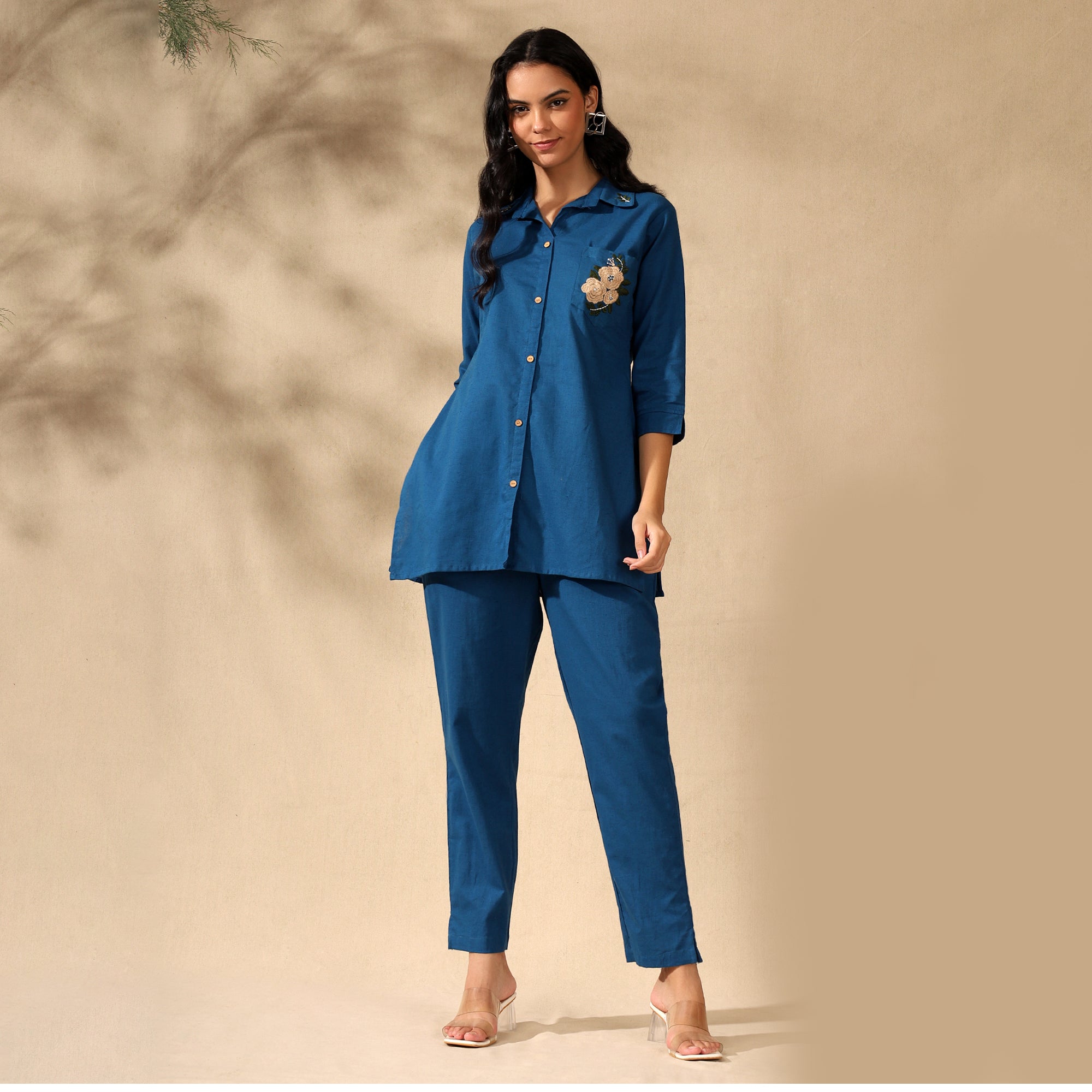 Floral Embroidered Pure Cotton Shirt With Trousers Blue Co-ord Set