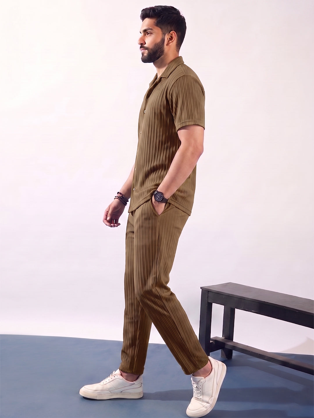 Men’s Beige extured Co-Ord Set – Premium Relaxed Fit Shirt & Trouser Set