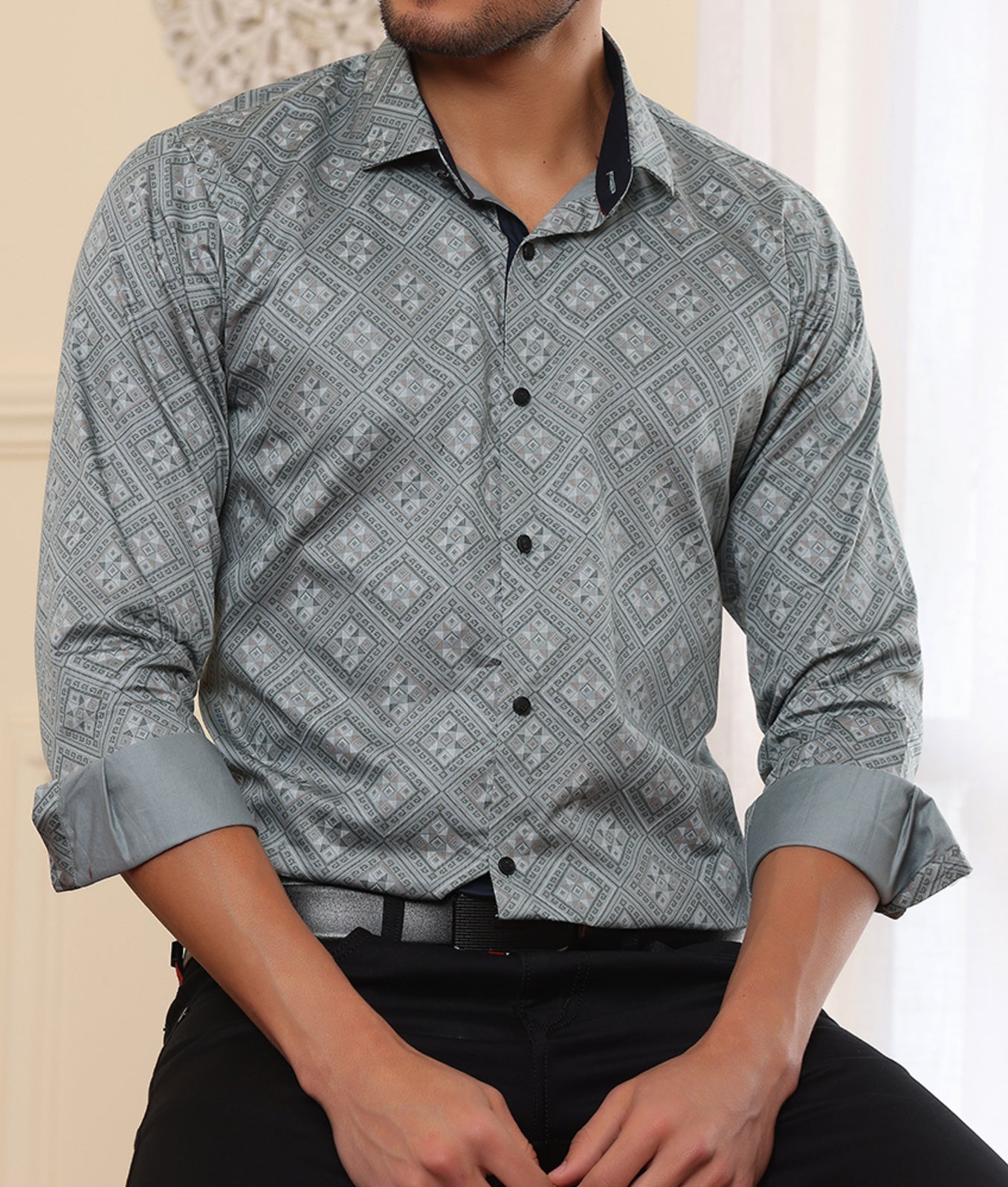 Geometrical Print Casual Shirt Green Color