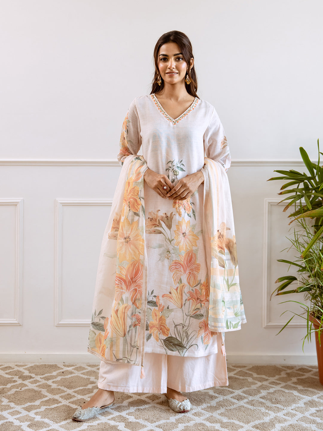 Floral Printed V-Neck Linen Straight Kurta Set with Dupatta- Cream