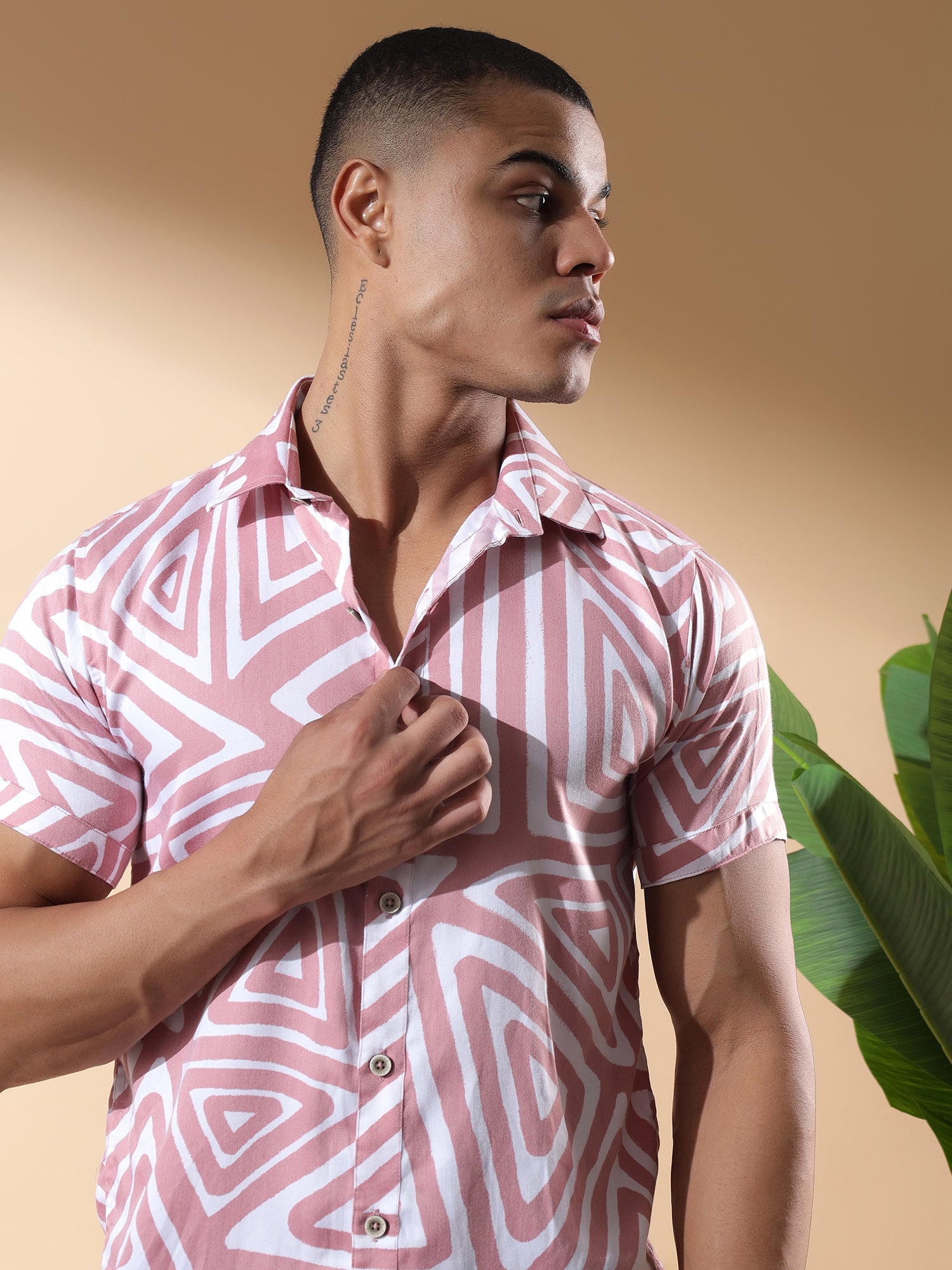 Pink Half Casual Printed Cotton Shirt Regular Fit For Man