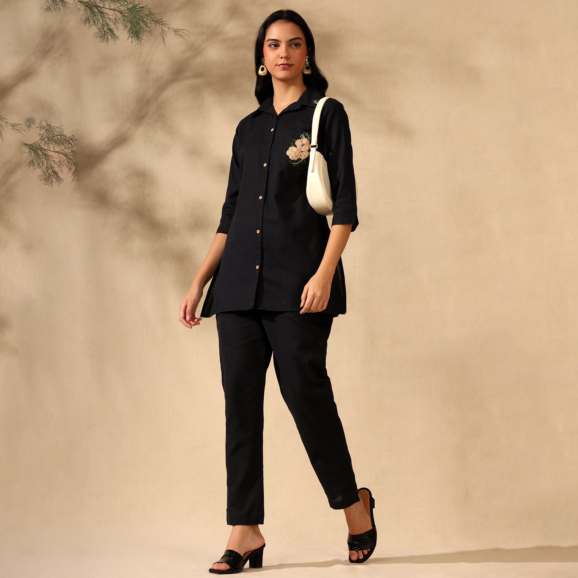 Floral Embroidered Pure Cotton Shirt With Trousers Black Co-ord Set