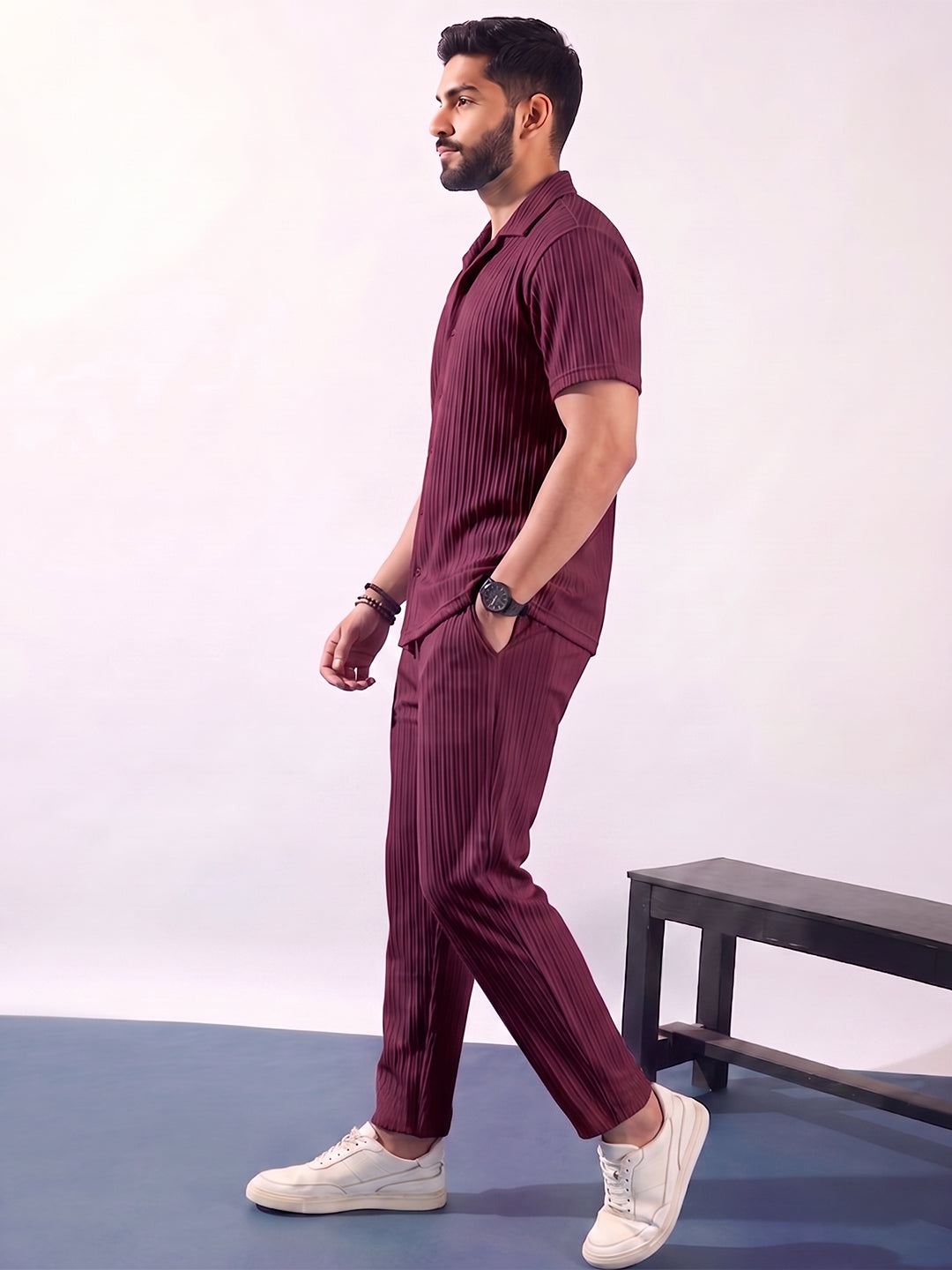 Men’s Dark Maroon Textured Co-Ord Set – Premium Relaxed Fit Shirt & Trouser Set