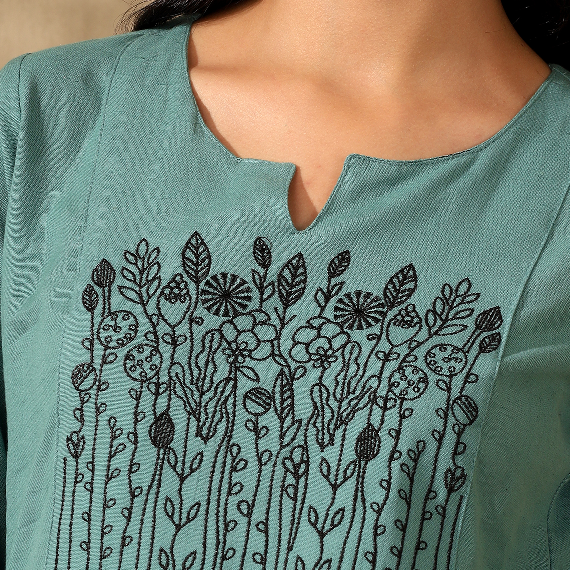 Botanical Embroidered Pure Cotton Green Short Kurti/Tunic