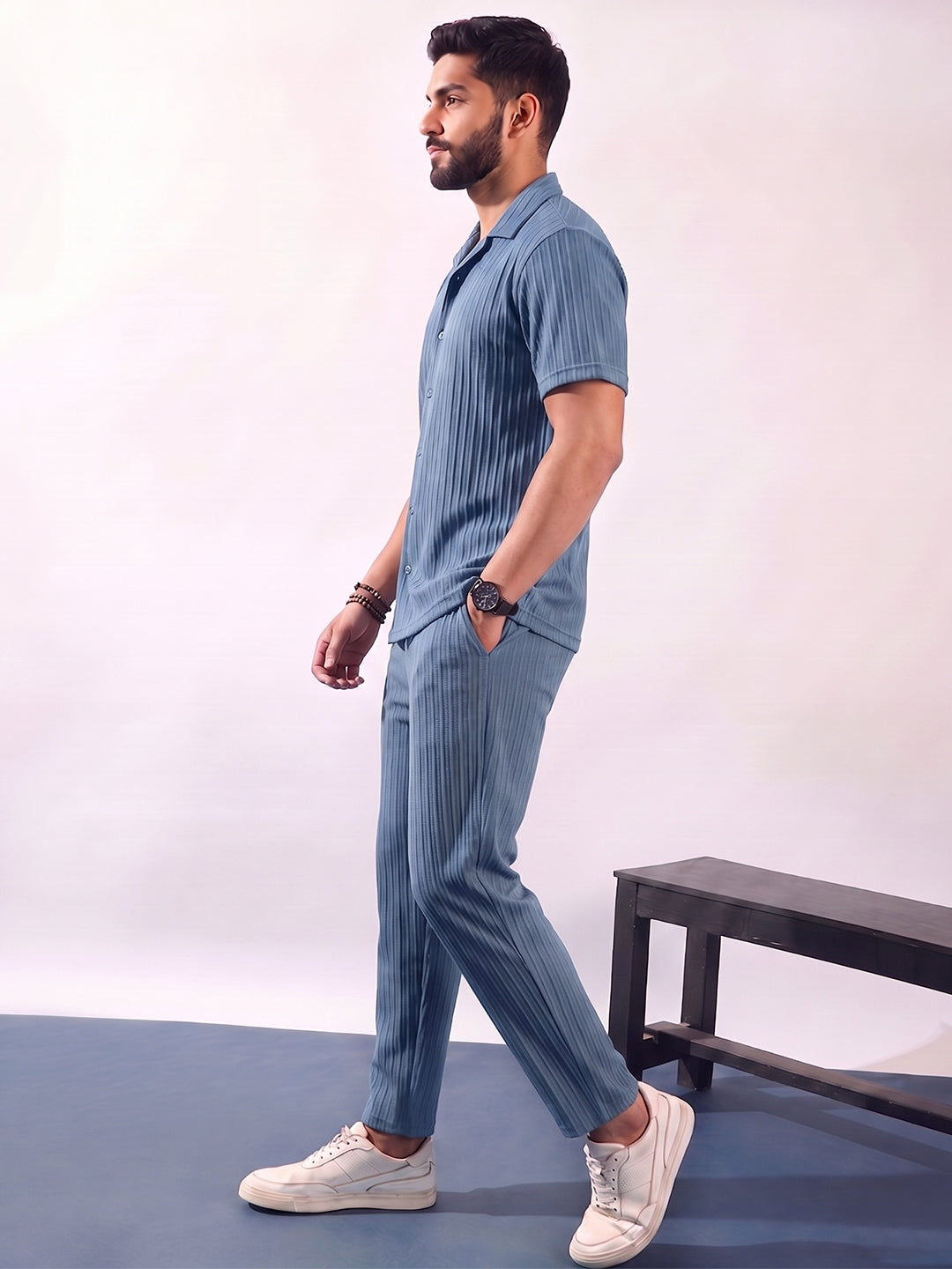 Men’s Denim Blue Textured Co-Ord Set – Premium Relaxed Fit Shirt & Trouser Set
