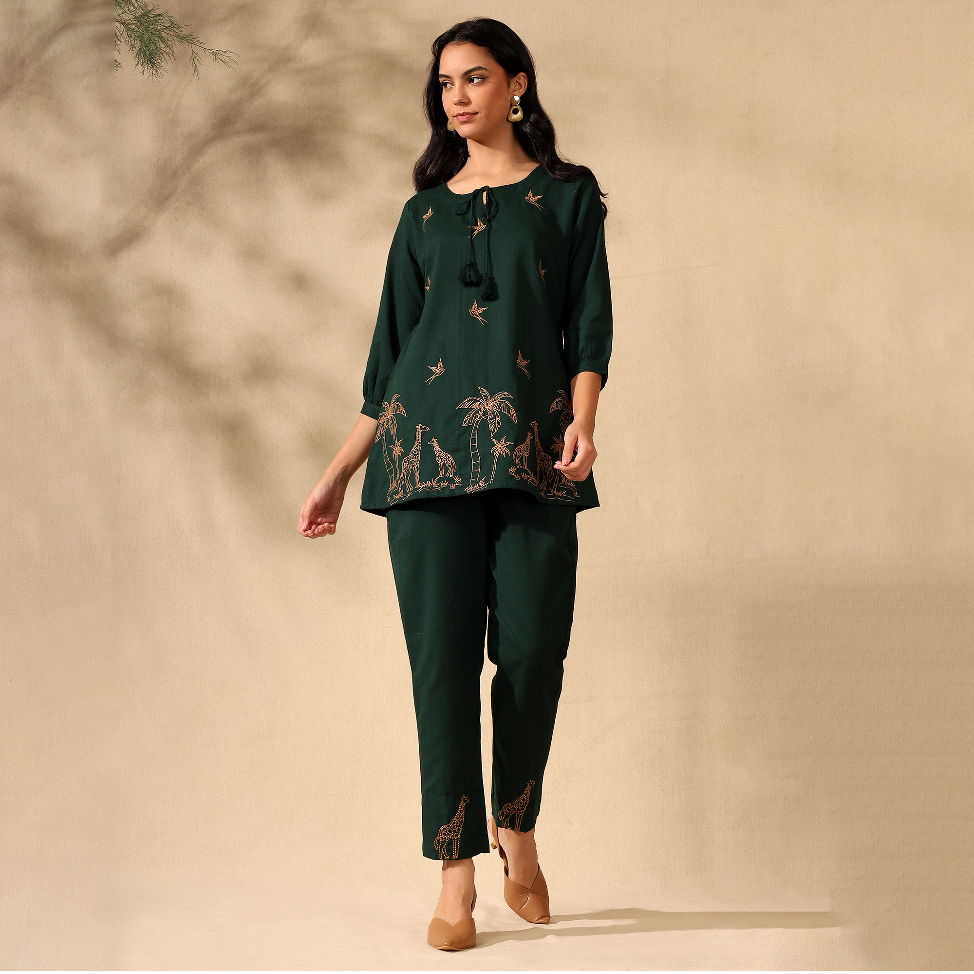Embroidered Pure Cotton Tunic With Trousers Dark Green Co-ord Set