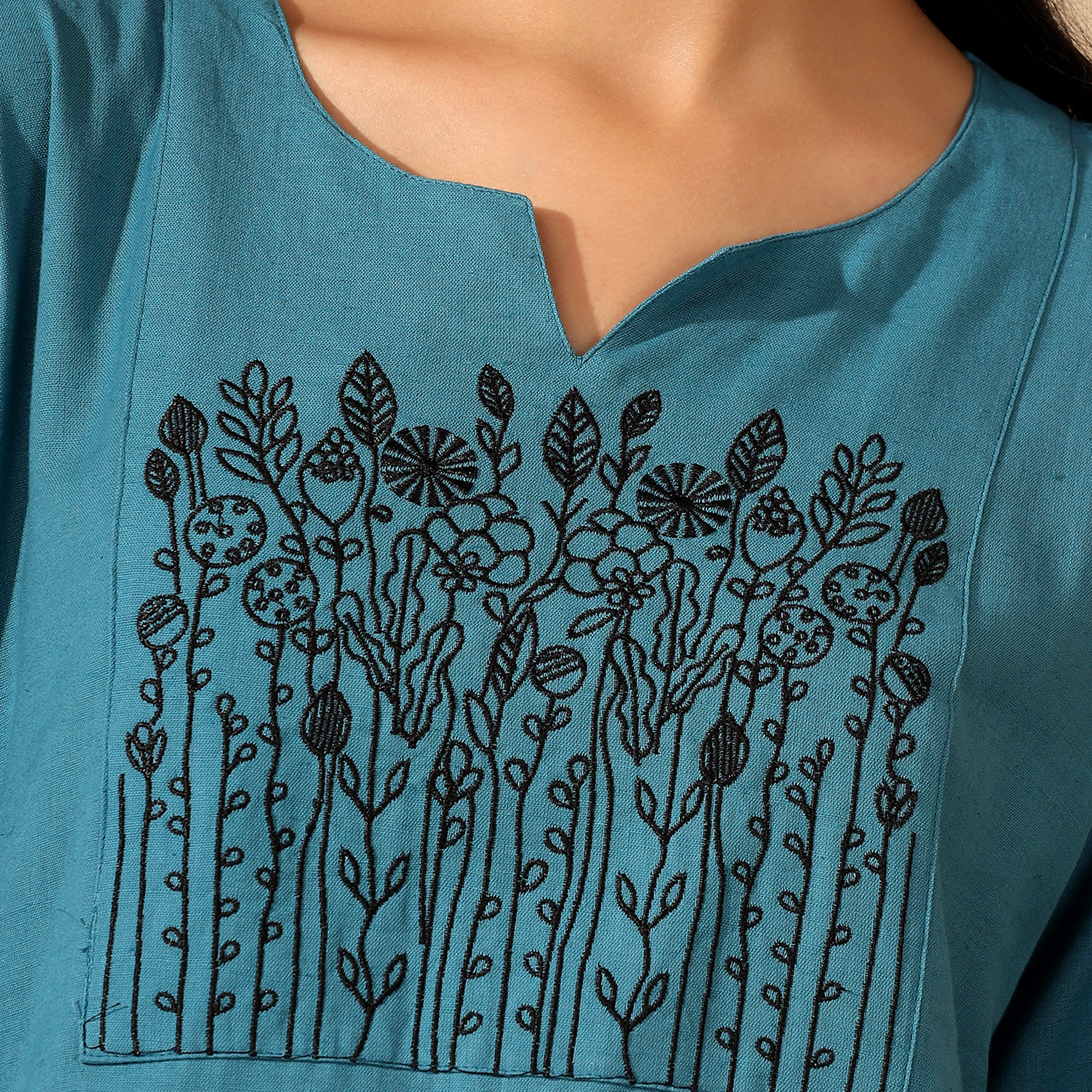 Botanical Embroidered Pure Cotton Blue Short Kurti/Tunic