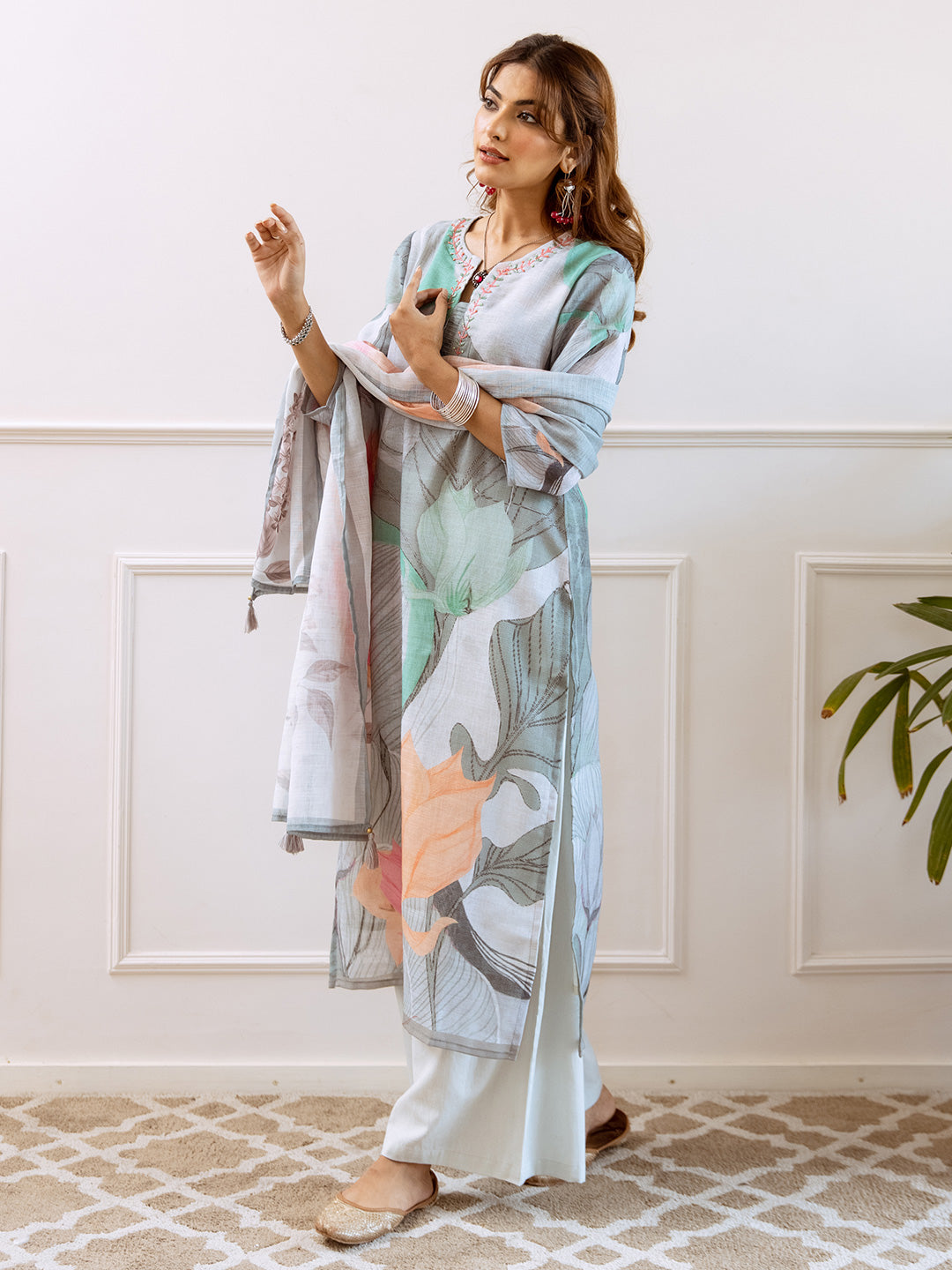 Floral Printed Notched Neck Linen Straight Kurta Set with Dupatta- Grey Green