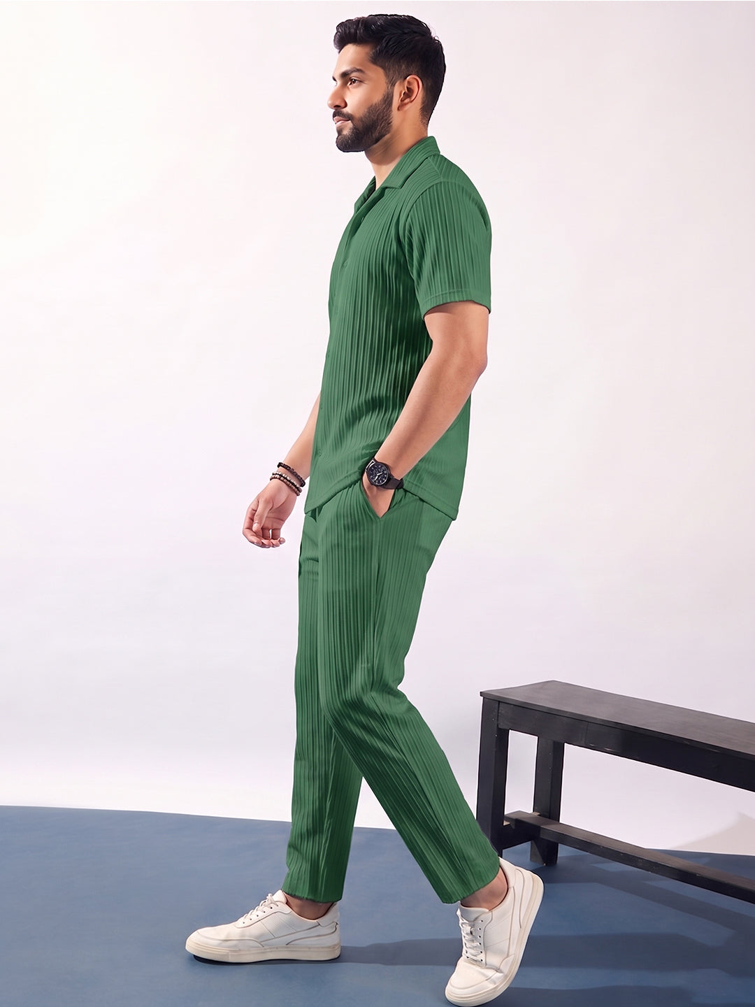 Men’s Mehndi Olive Textured Co-Ord Set – Premium Relaxed Fit Shirt & Trouser Set