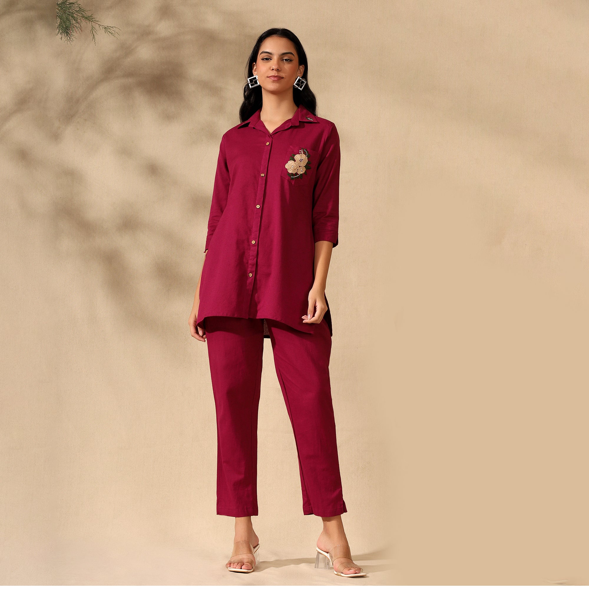 Floral Embroidered Pure Cotton Shirt With Trousers Maroon Co-ord Set