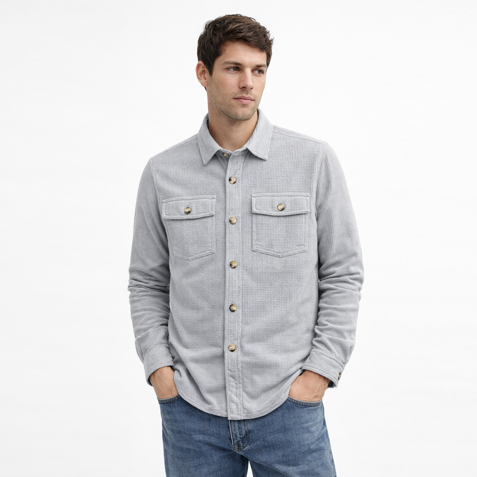 Textured Utility Shirt for Men – Soft Waffle Weave Full Sleeve Shirt-Grey